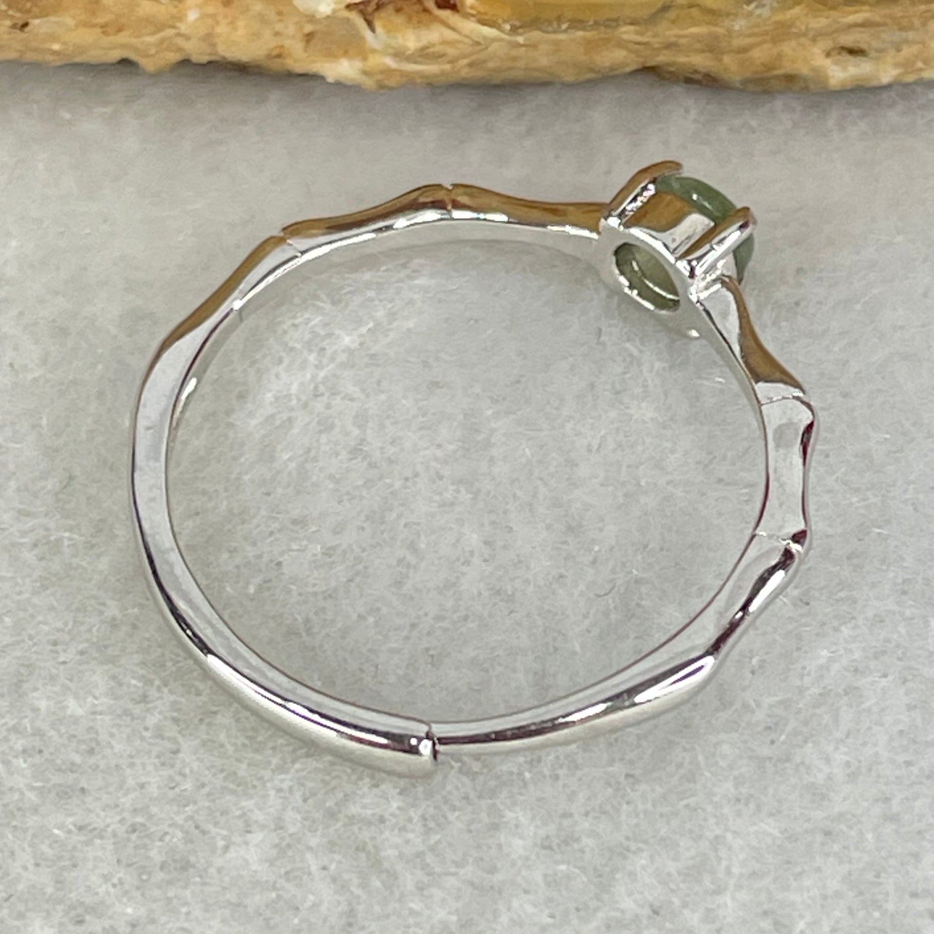 Type A Semi Icy Green Cabochon Jadeite in S925 Sliver Bamboo Ring (Adjustable Size) 0.96g 4.0 by 2.0mm - Huangs Jadeite and Jewelry Pte Ltd