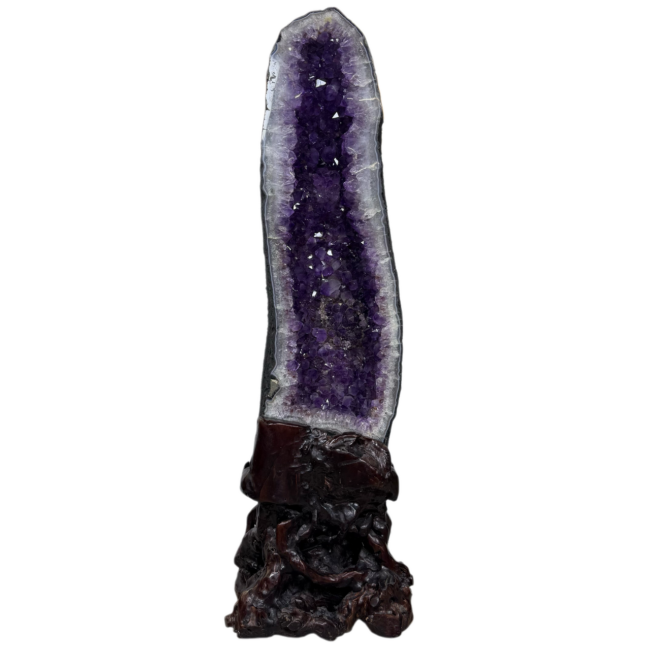 Natural Amethyst Tall Shape Cave (25,976.9g) with Wooden Stand Display Total Weight 30,363.2g 300.0 by 245.0 by 846.0mm - Huangs Jadeite and Jewelry Pte Ltd