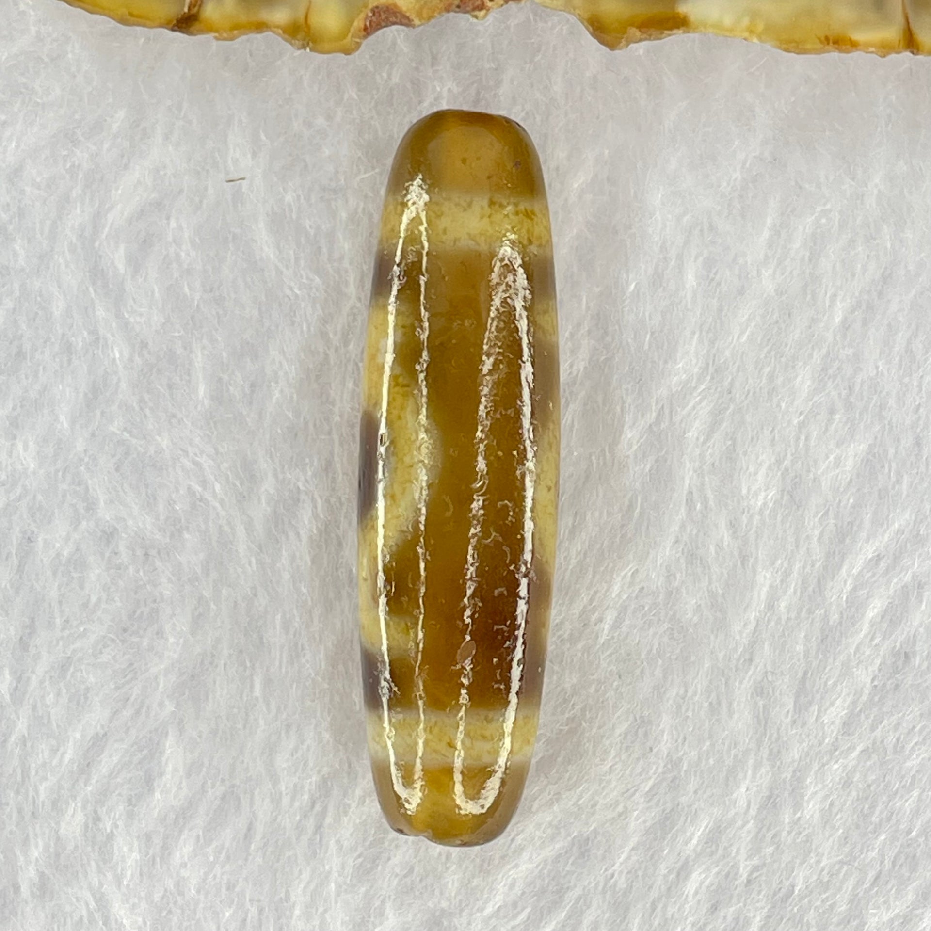 Natural Powerful Tibetan Old Oily Brown Yellowish White Agate Green Tara Dzi Bead Heavenly Master (Tian Zhu) 绿度母天珠 6.05g 37.7 by 10.4mm - Huangs Jadeite and Jewelry Pte Ltd