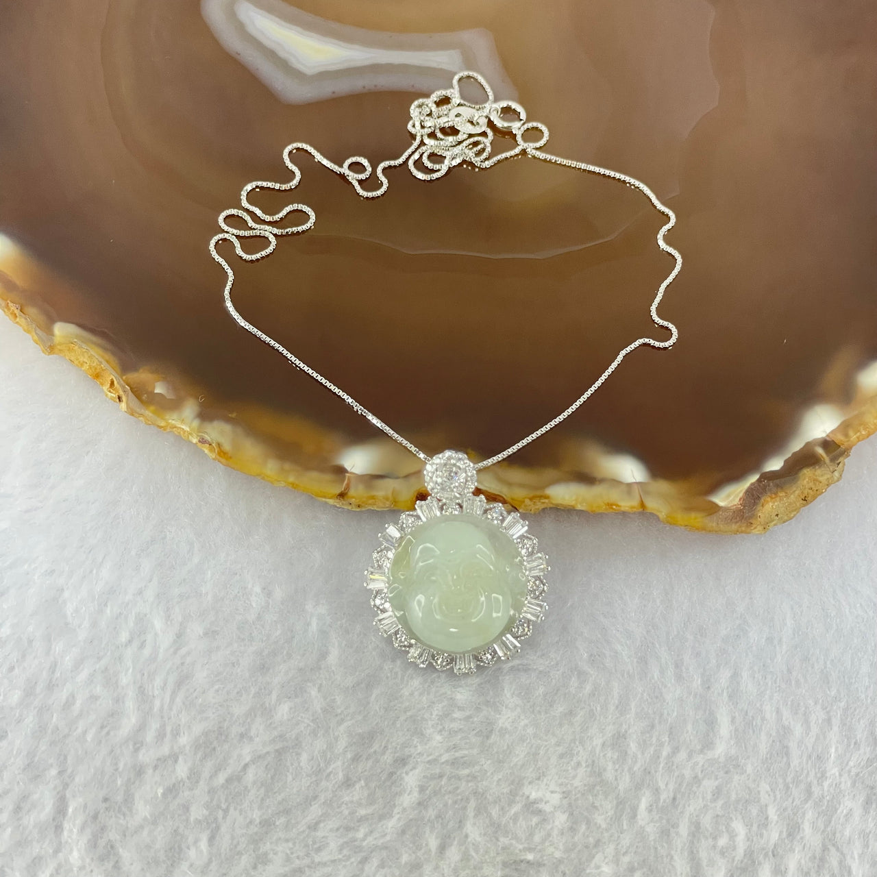 Type A Faint Green Lavender Milo Buddha with Crystals in S925 Sliver Pendant and Necklace 7.05g 16.6 by 16.6 by 8.0mm - Huangs Jadeite and Jewelry Pte Ltd