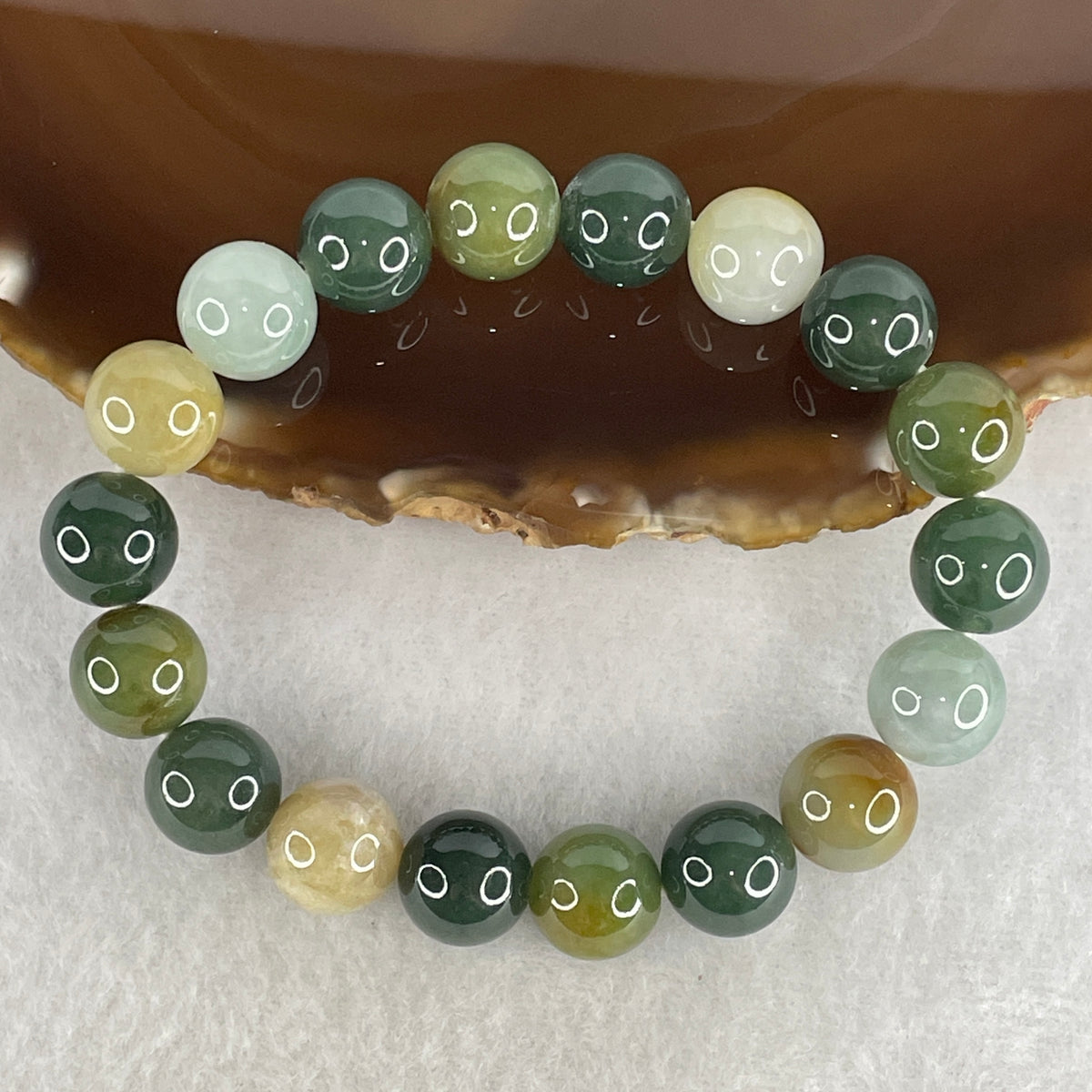 Natural Type A Blueish-Green, Cognac Brown & Green Jadeite Beads Bracelet | (44.16g | 16cm | 11.4mm | 18 Beads | Heart, Root & Throat Chakra Synergy, Three-Star Prosperity "Fu Lu Shou" Catalyst & Feng Shui Wealth Anchor)
