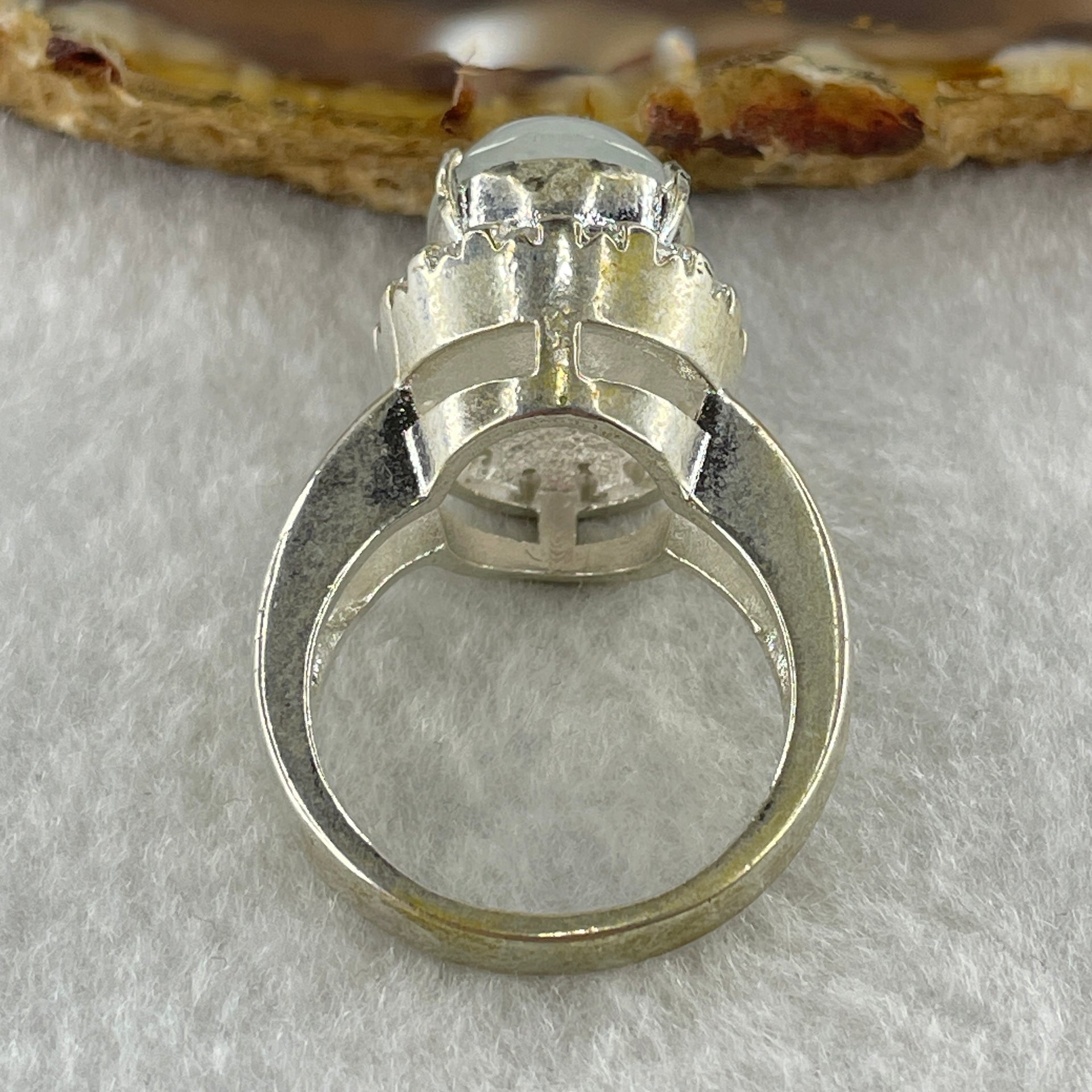 Type A Natural White to Faint Green Jadeite Cabochon 14.5 by 11.7 by 4.0mm Stone for Setting 15.72g (On Silver Ring Mold) US 8.75 HK 19.5 - Huangs Jadeite and Jewelry Pte Ltd