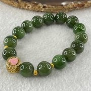 Natural Green Nephrite Beads with Gold Color Charm Bracelet 36.94g 11.4mm 15 Beads - Huangs Jadeite and Jewelry Pte Ltd