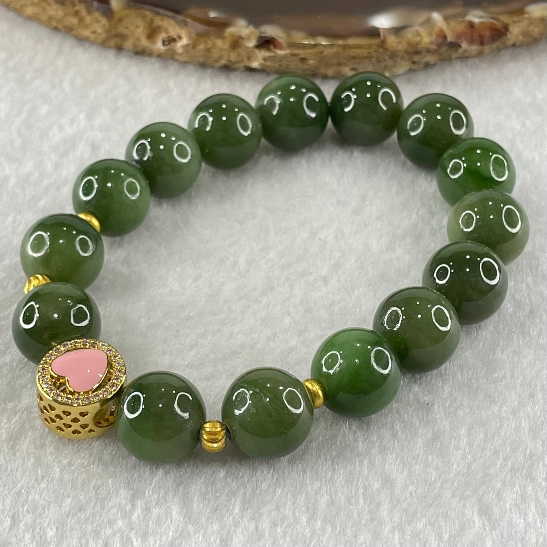Natural Green Nephrite Beads with Gold Color Charm Bracelet 36.94g 11.4mm 15 Beads - Huangs Jadeite and Jewelry Pte Ltd