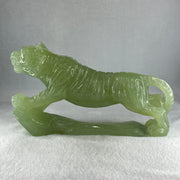 Natural Green Serpentine Tiger with Wooden Stand Display 1711.3g 255.0 by 90.0 by 160.0mm - Huangs Jadeite and Jewelry Pte Ltd