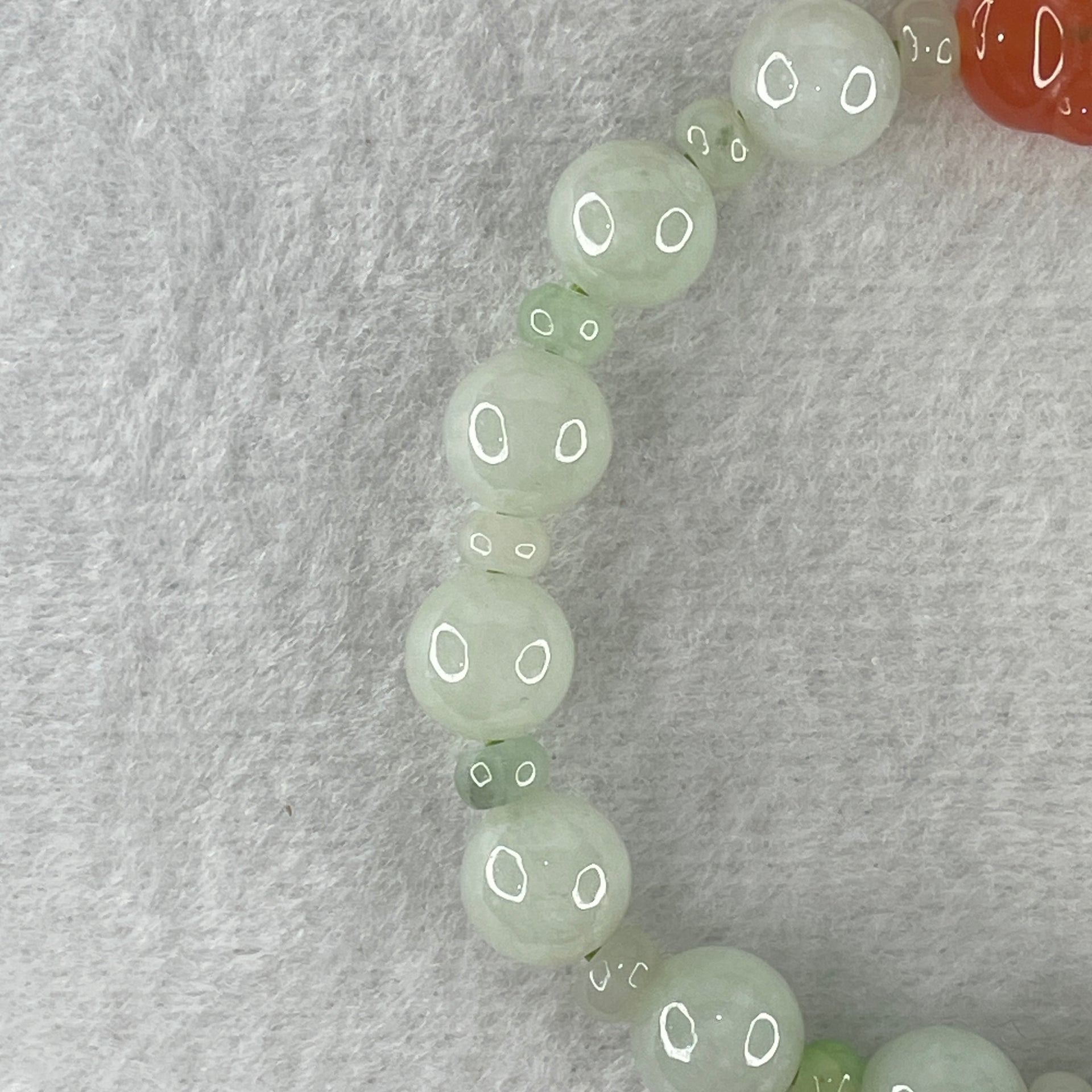 Natural Type A Light Green Jadeite Round Shape Beads with Red Agate Paw Charm Bracelet 29.33g 17cm 10.0mm 14 Beads - Huangs Jadeite and Jewelry Pte Ltd