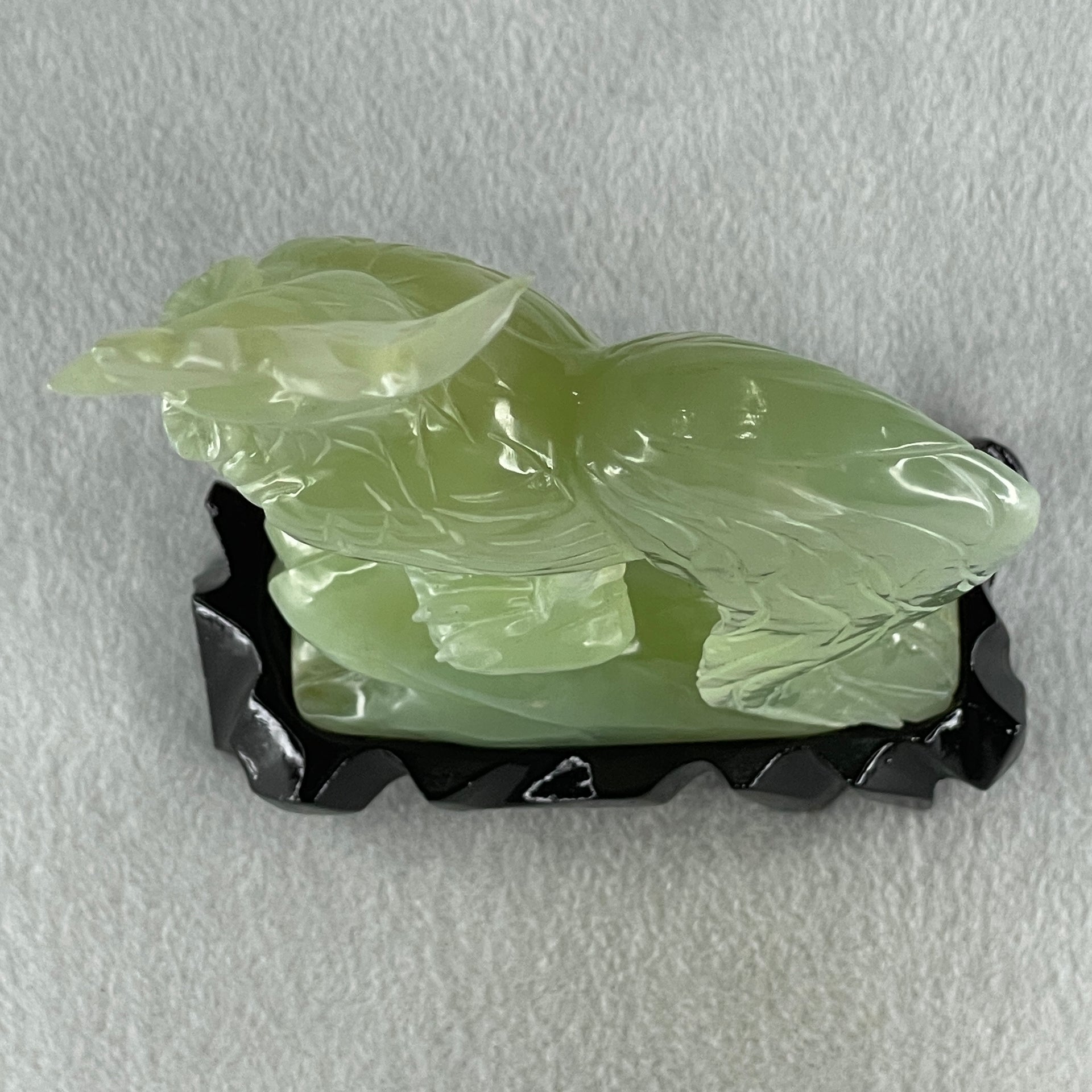 Natural Green Serpentine Rooster on Tree with Wooden Stand Display 820.9g 128.0 by 265.0 by 62.0mm - Huangs Jadeite and Jewelry Pte Ltd