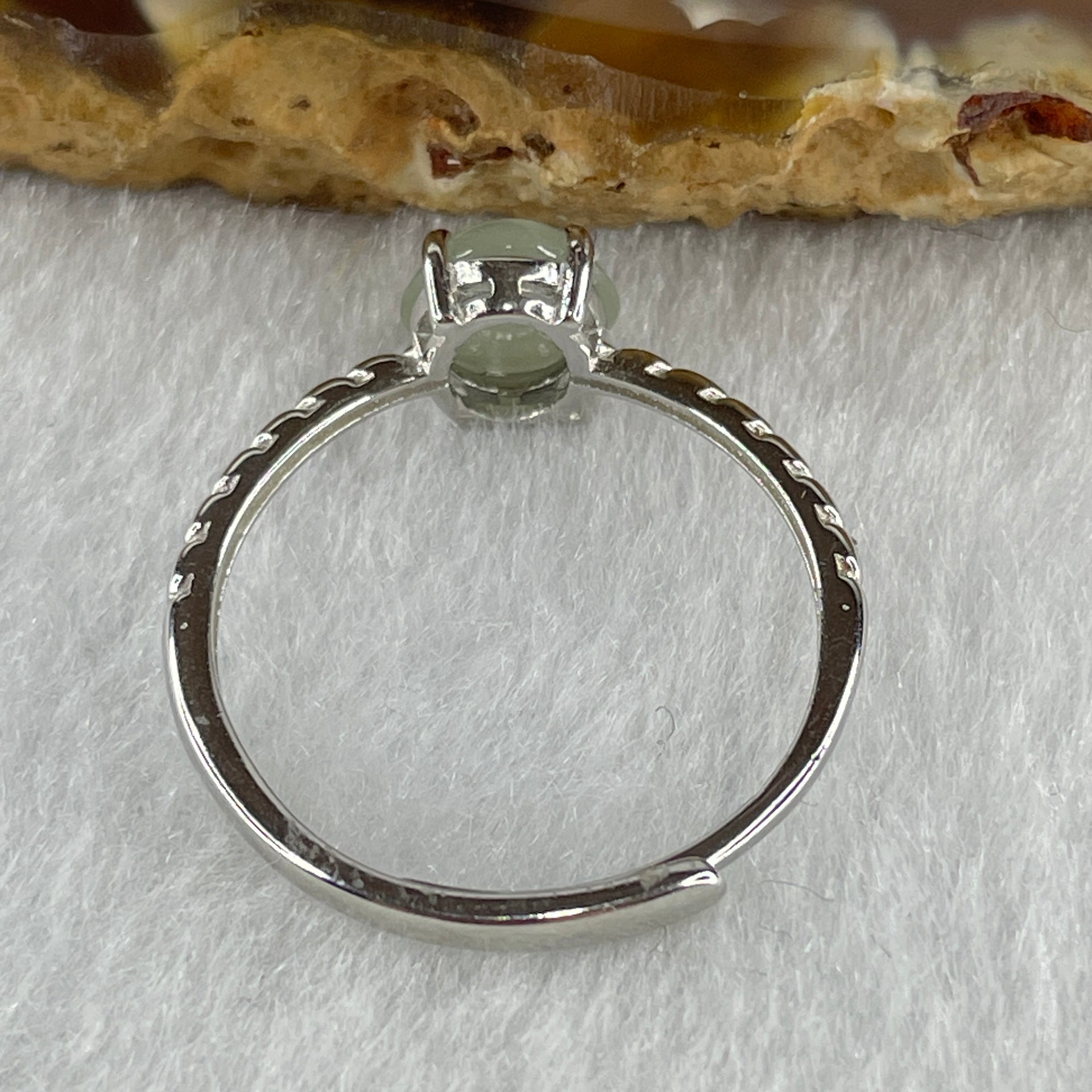 Natural Type A Semi Icy Faint Green Jadeite Oval Shape Cabouchon in S925 Silver Ring (Adjustable Size) 1.47g 7.4 by 6.5 by 4.5mm - Huangs Jadeite and Jewelry Pte Ltd