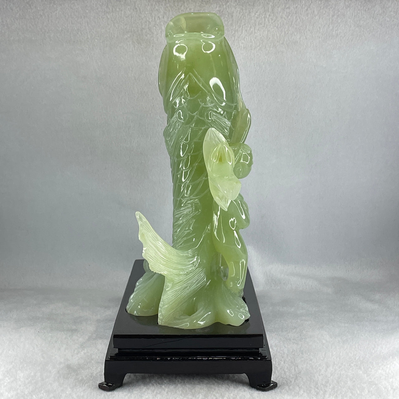 Natural Green Serpentine Carp Fish with Gui ren and Lotus with Wooden Stand Display 2277.9g 215.0 by 120.0 by 250.0mm - Huangs Jadeite and Jewelry Pte Ltd