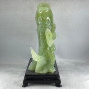 Natural Green Serpentine Carp Fish with Gui ren and Lotus with Wooden Stand Display 2277.9g 215.0 by 120.0 by 250.0mm - Huangs Jadeite and Jewelry Pte Ltd