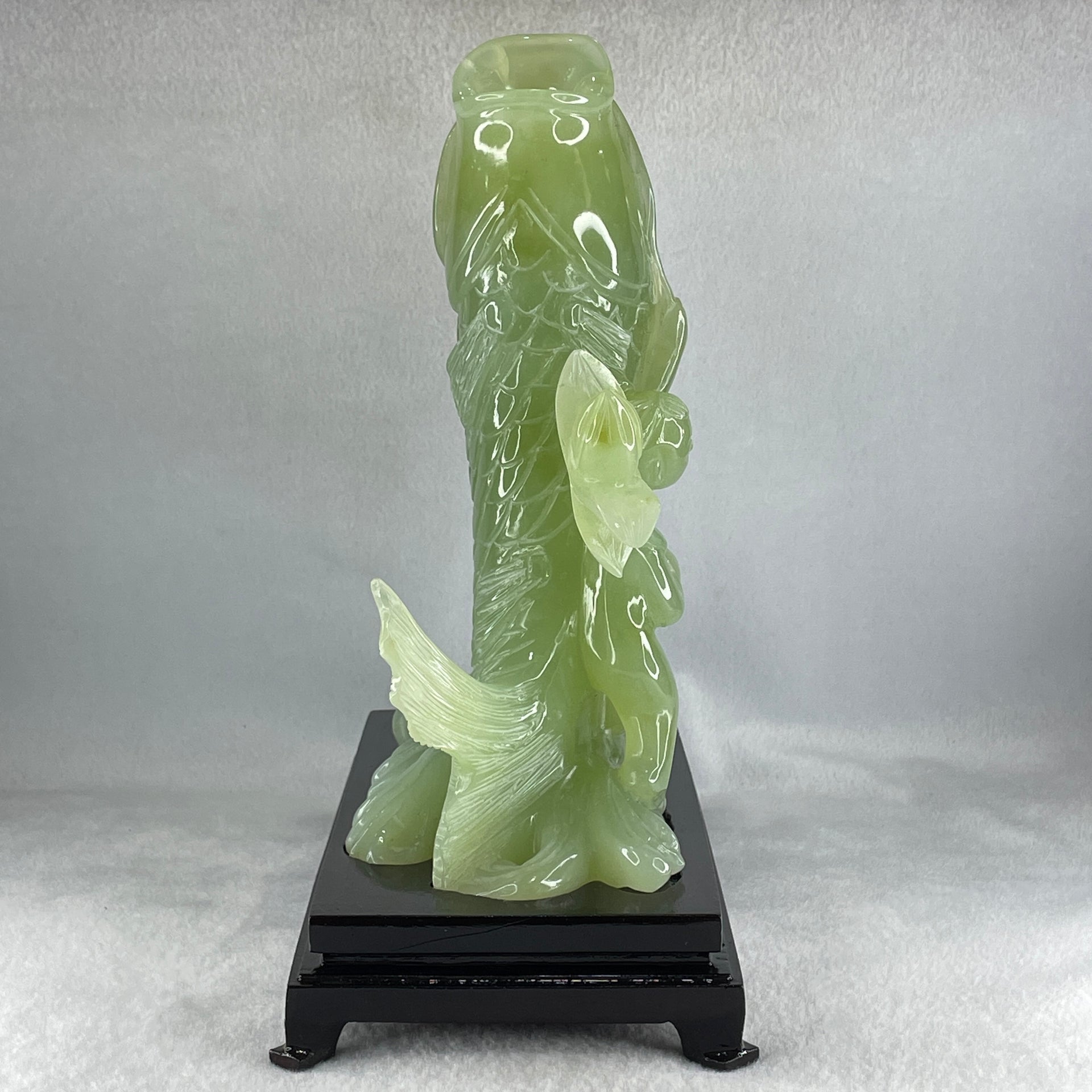 Natural Green Serpentine Carp Fish with Gui ren and Lotus with Wooden Stand Display 2277.9g 215.0 by 120.0 by 250.0mm - Huangs Jadeite and Jewelry Pte Ltd