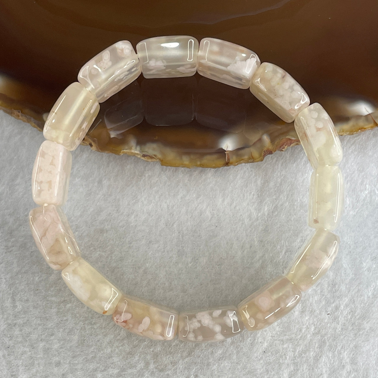 Natural Pinkish Flower Agate Shou Pai Bracelet 38.03g 16.5cm 14.2mm 14 Pcs - Huangs Jadeite and Jewelry Pte Ltd