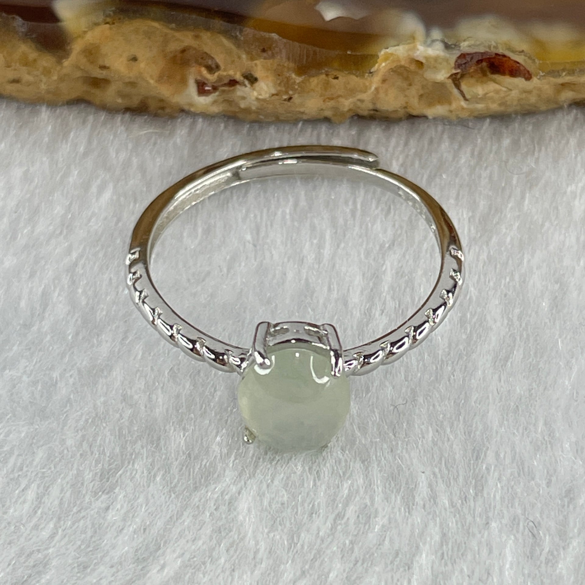 Natural Type A Semi Icy Faint Green Jadeite Oval Shape Cabouchon in S925 Silver Ring (Adjustable Size) 1.50g 7.9 by 6.3 by 3.5mm - Huangs Jadeite and Jewelry Pte Ltd