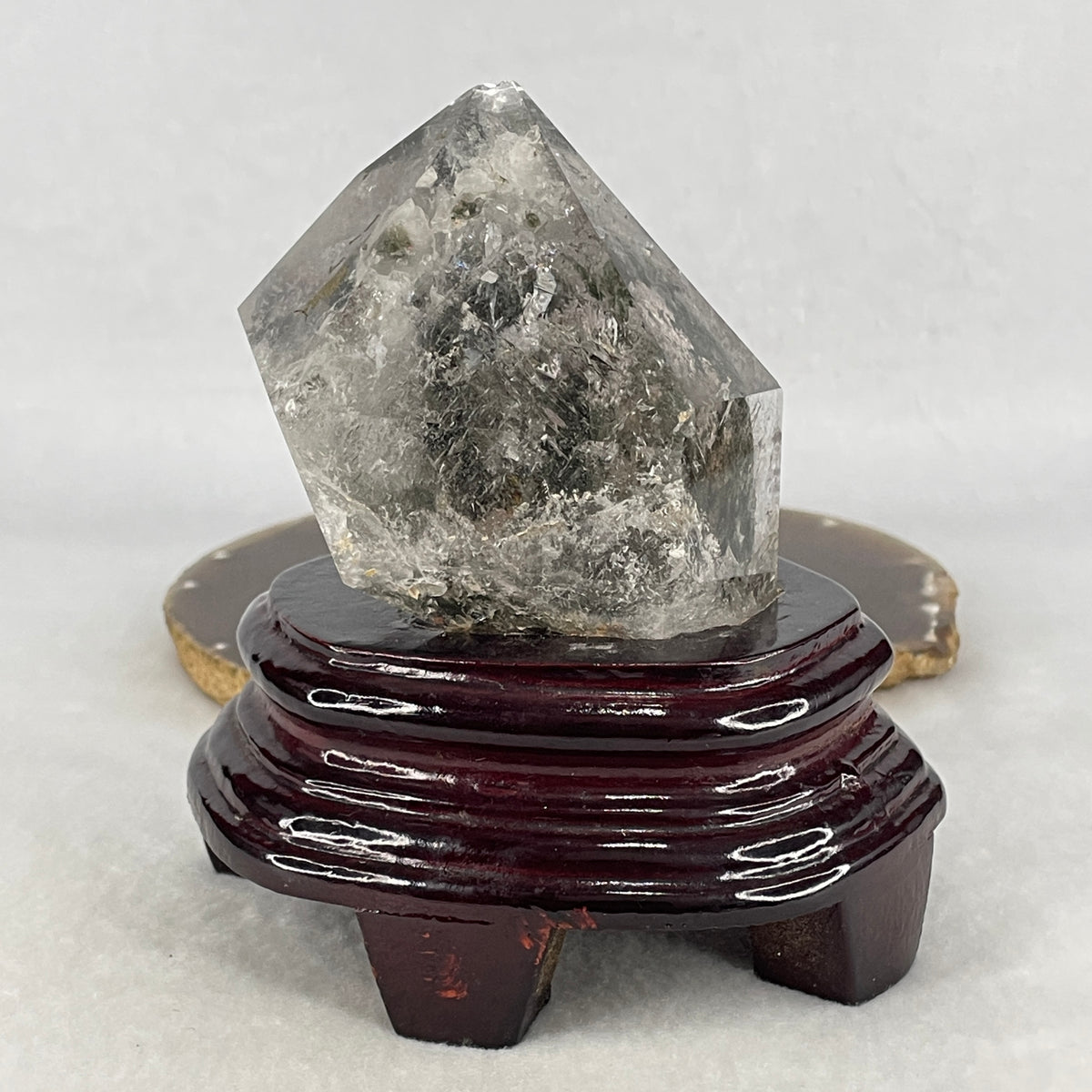 High Grade Natural Green Phantom Quartz Tower Display with Custom Wooden Stand | (648.0g | 112.0x102.0x117.0mm | Synergy, Executive Breakthrough Shield, Career Wealth Magnet & Life Growth Obelisk)