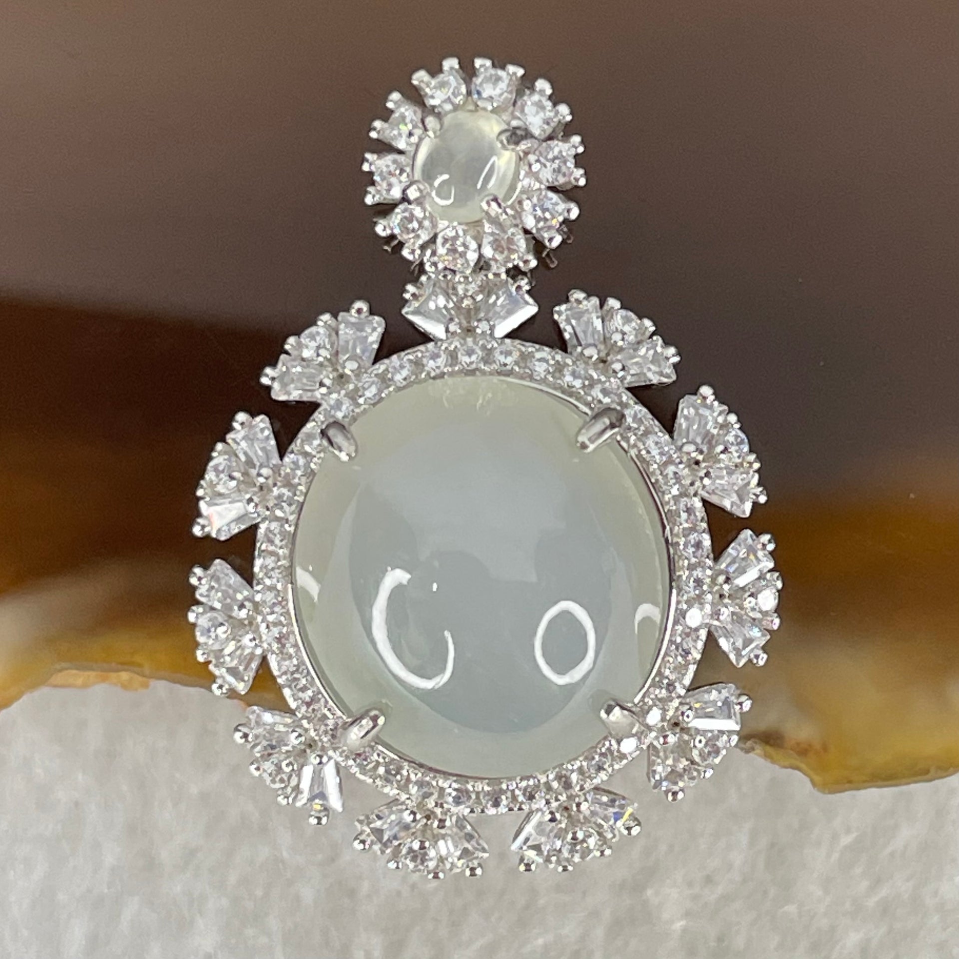 Type A Icy Deep Lavender Cabochon Jadeite in S925 Sliver with Crystal Charm 3.78g 12.8 by 11.9 by 6.0mm - Huangs Jadeite and Jewelry Pte Ltd