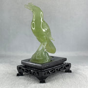 Natural Green Serpentine Javan Mynah Birds on Tree with Wooden Stand Display 291.4g 99.0 by 153.8 by 78.0mm - Huangs Jadeite and Jewelry Pte Ltd