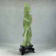 Natural Green Serpentine Fairy with Fan and Flower with Wooden Stand Display 476.2g 130.0 by 70.0 by 225.0mm - Huangs Jadeite and Jewelry Pte Ltd