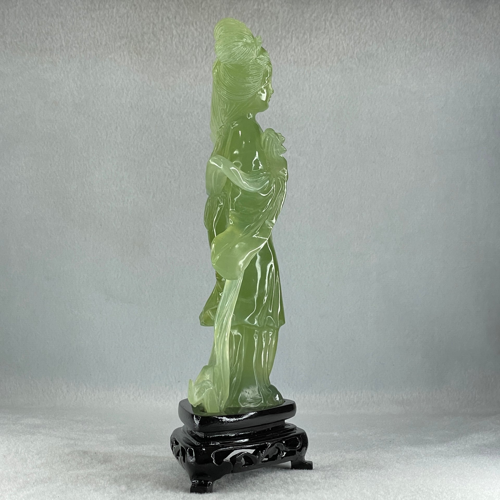Natural Green Serpentine Fairy with Fan and Flower with Wooden Stand Display 476.2g 130.0 by 70.0 by 225.0mm - Huangs Jadeite and Jewelry Pte Ltd