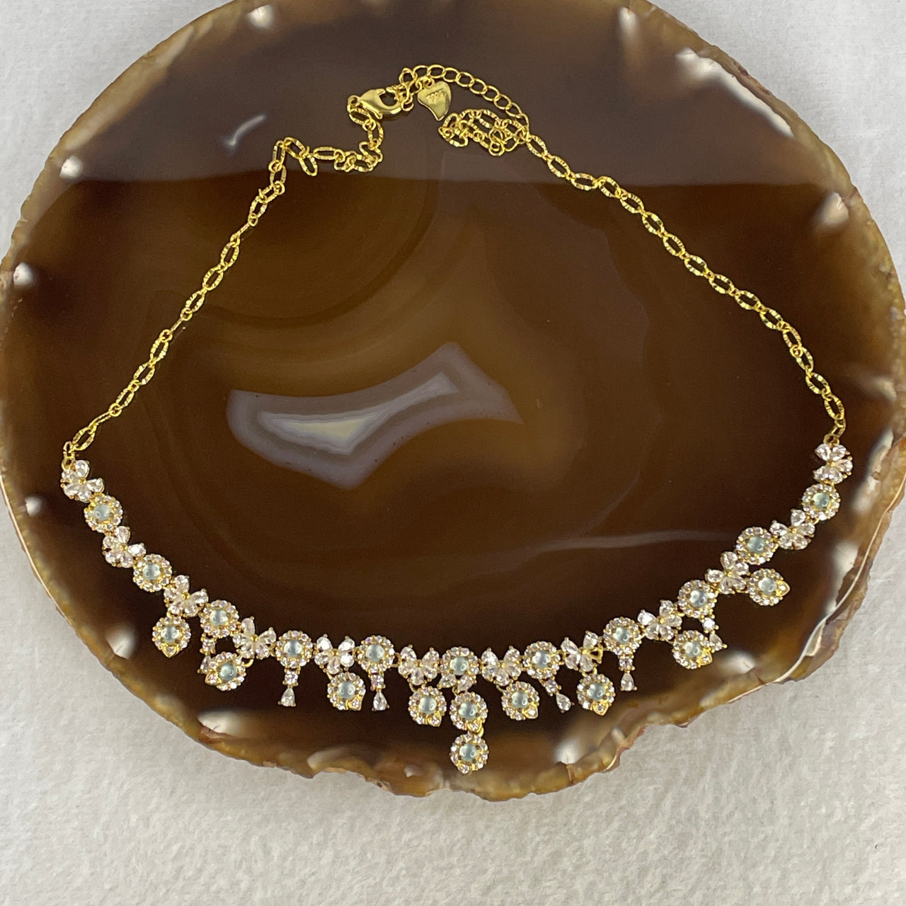 Certified Natural Type A Icy Blueish Green Jadeite Cabochon Statement Necklace | Gold Color S925 Silver Setting | Authentic Myanmar Feicui Heritage Garland (21 Pcs 3.0x1.2mm | 36-44cm Adjustable | 15.00g)