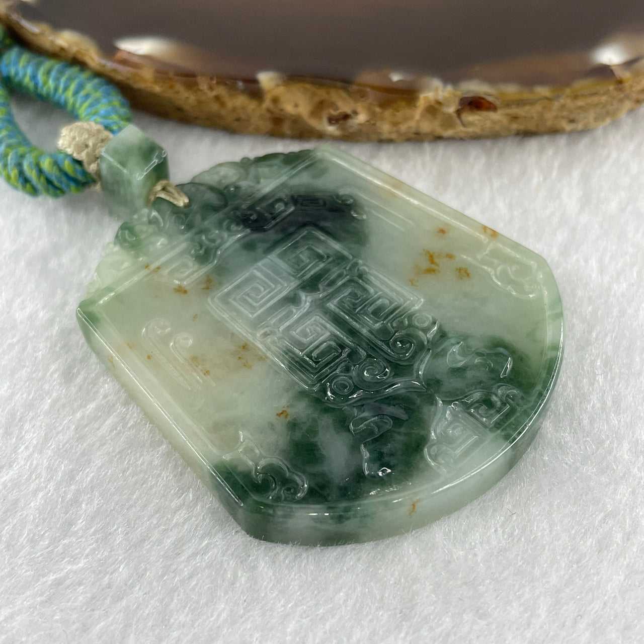 Natural Type A Light Dark Green with Red Spots Jadeite Pixiu Pair Lucky Charm for Luck, Wealth and Protection Pendant 36.74g 52.6 by 45.6 by 5.6mm