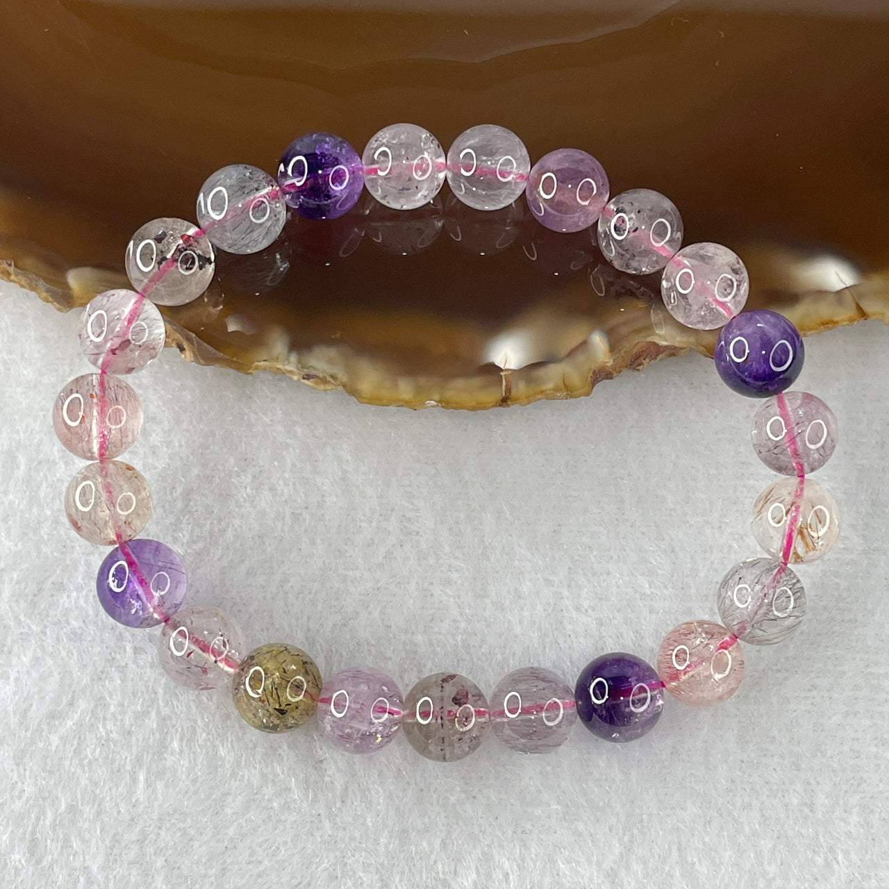 Certified Above-Average Grade Natural Super 7 Crystal Beads Bracelet | High-Fluidity Crystalline Strand | Authentic Sacred Seven Multi-Mineral Inclusions Quartz Spiritual Catalyst & Auric Shield Bracelet (17.67g | 15.5cm Length | 8.3mm | 23 Beads)