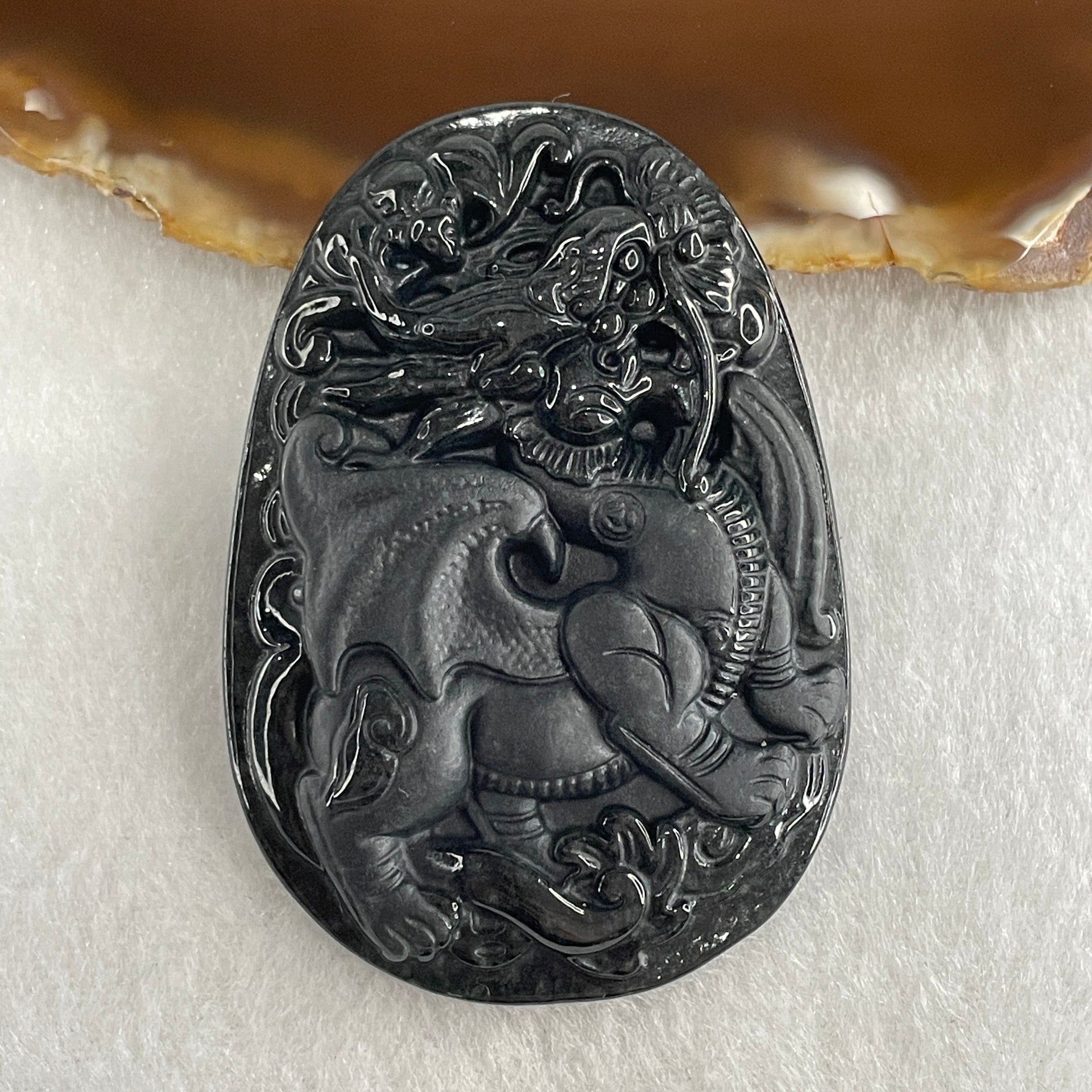 Type A Opaque to Partial Translucent Black Omphacite Jadeite Flying Pixiu Pendant 27.31g 61.2 by 42.5 by 9.3mm - Huangs Jadeite and Jewelry Pte Ltd