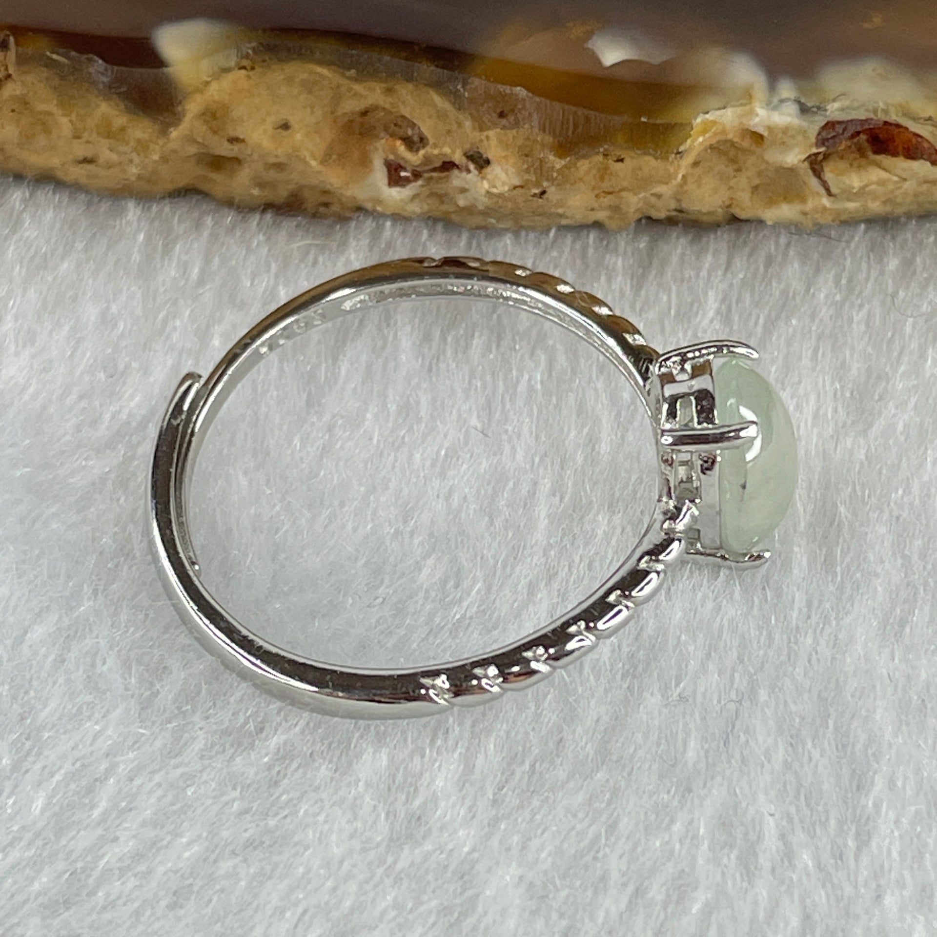 Natural Type A Semi Icy Faint Green Jadeite Oval Shape Cabouchon in S925 Silver Ring (Adjustable Size) 1.50g 7.9 by 6.3 by 3.5mm - Huangs Jadeite and Jewelry Pte Ltd