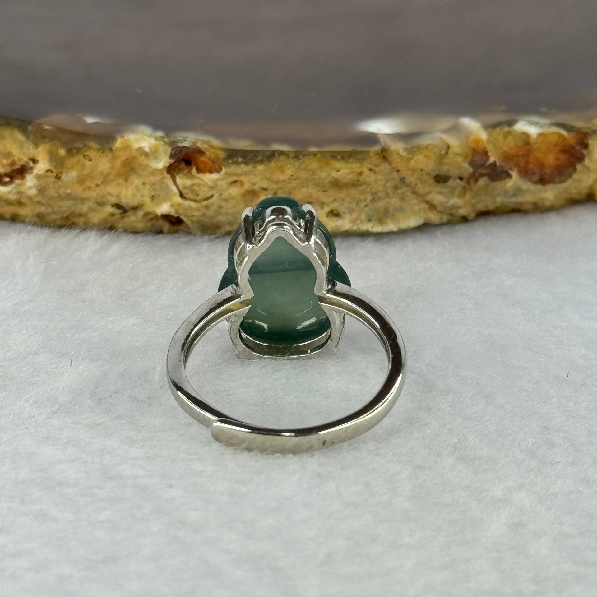 Type A Icy Blueish Green Jadeite Hulu with Crystals in S925 Sliver Ring (Adjustable Size) 3.42g 15.2 by 11.0 by 4.5mm - Huangs Jadeite and Jewelry Pte Ltd