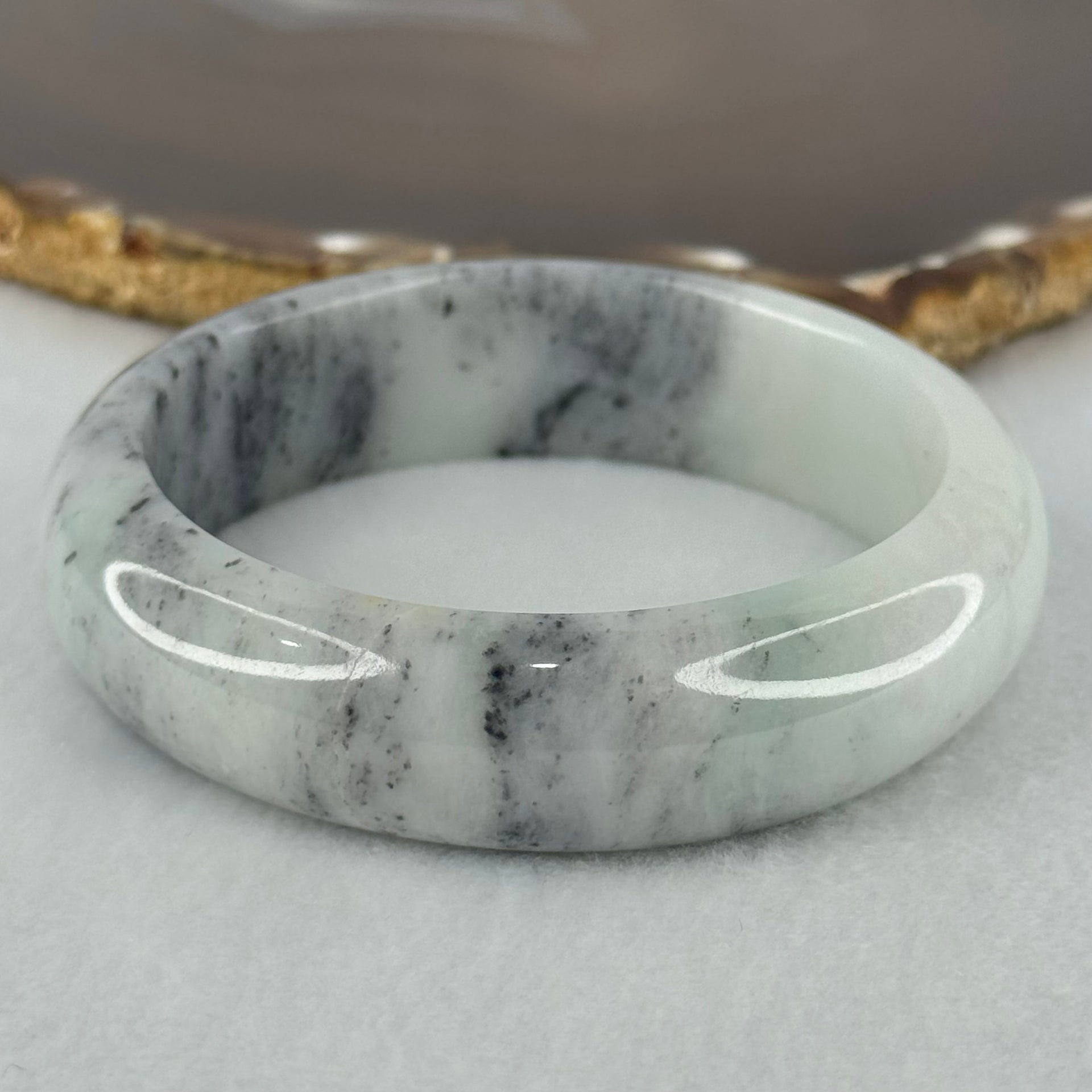 Type A Jadeite Faint Green Wuji Grey Piao Hua Bangle Internal Diameter 56.7mm 77.66g 16.7 by 8.8mm (Close to Perfect) - Huangs Jadeite and Jewelry Pte Ltd