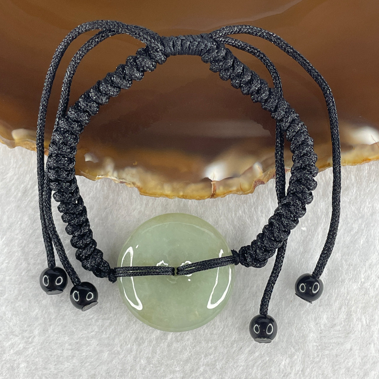 Natural Type A Green Jadeite Ping An Kou Donut String Bracelet 9.53g 24.9 by 5.7mm