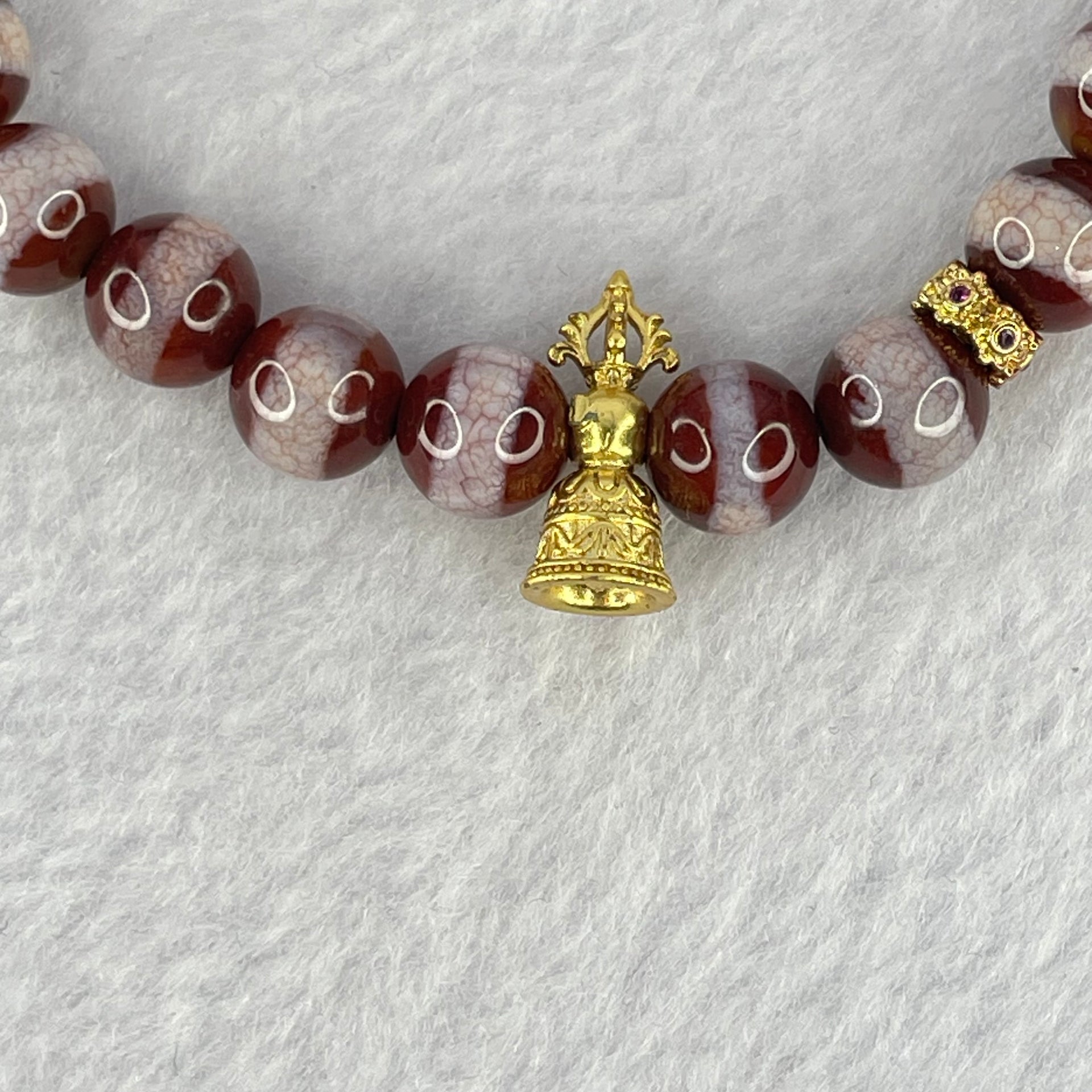 Natural Powerful Tibetan Old Oily Red White One Line Agate Dzi Bead Heavenly Master with Tibetan Bell Charm Bracelet (Tian Zhu) 天诛 19.36g 16.5cm 8.4mm 23 Beads - Huangs Jadeite and Jewelry Pte Ltd