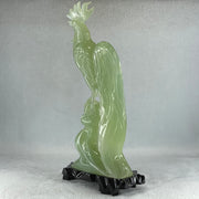 Natural Green Serpentine Rooster on Tree with Wooden Stand Display 820.9g 128.0 by 265.0 by 62.0mm - Huangs Jadeite and Jewelry Pte Ltd