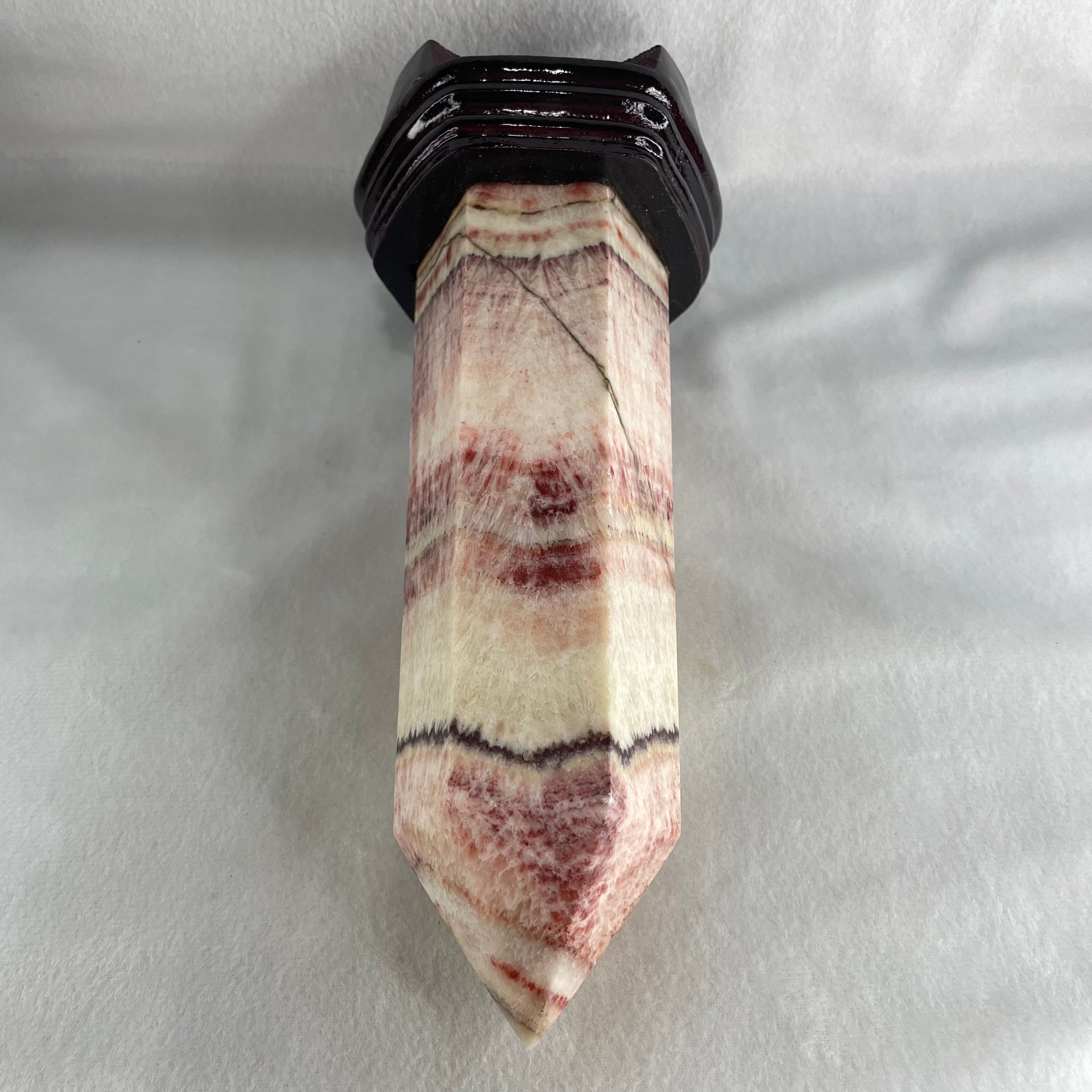 Natural Pink Calcite Tower with Wooden Stand Display 1527.4g 105.5 by 99.5 by 230.0mm - Huangs Jadeite and Jewelry Pte Ltd