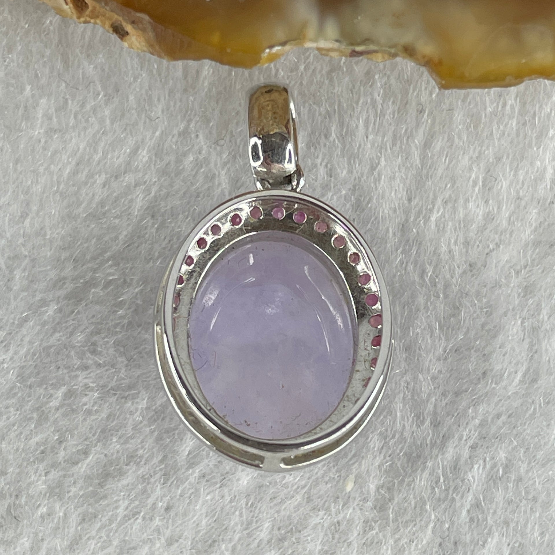 High Grade Natural Type A Bright Lavender Jadeite Cabouchon Oval Shape Pendant in 18K AU750 White Gold with Natural Pink Sapphires 2.97g 13.3 by 10.4 by 6.0mm - Huangs Jadeite and Jewelry Pte Ltd