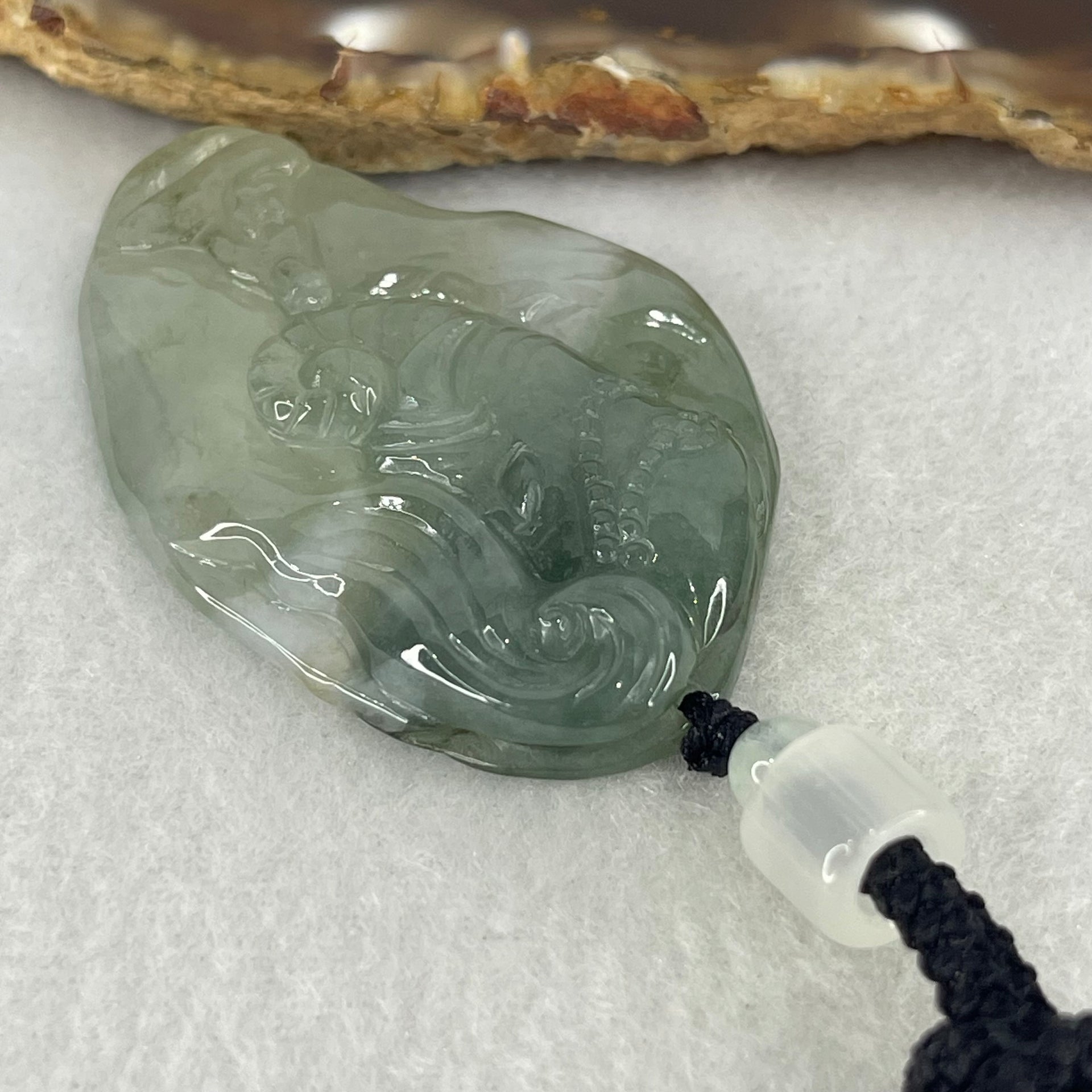 Type A Semi Icy Blueish Green  Jadeite Guan Yin and Elephant Samantabhadra Bodhisattva Pendant 21.65g 51.8 by 33.7 by 7.9mm - Huangs Jadeite and Jewelry Pte Ltd