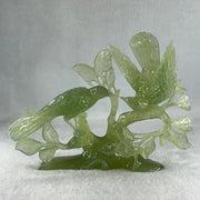 Natural Green Serpentine Double Magpies Birds on Tree with Wooden Stand Display 500.5g 195.0 by 80.0 by 170.0mm - Huangs Jadeite and Jewelry Pte Ltd
