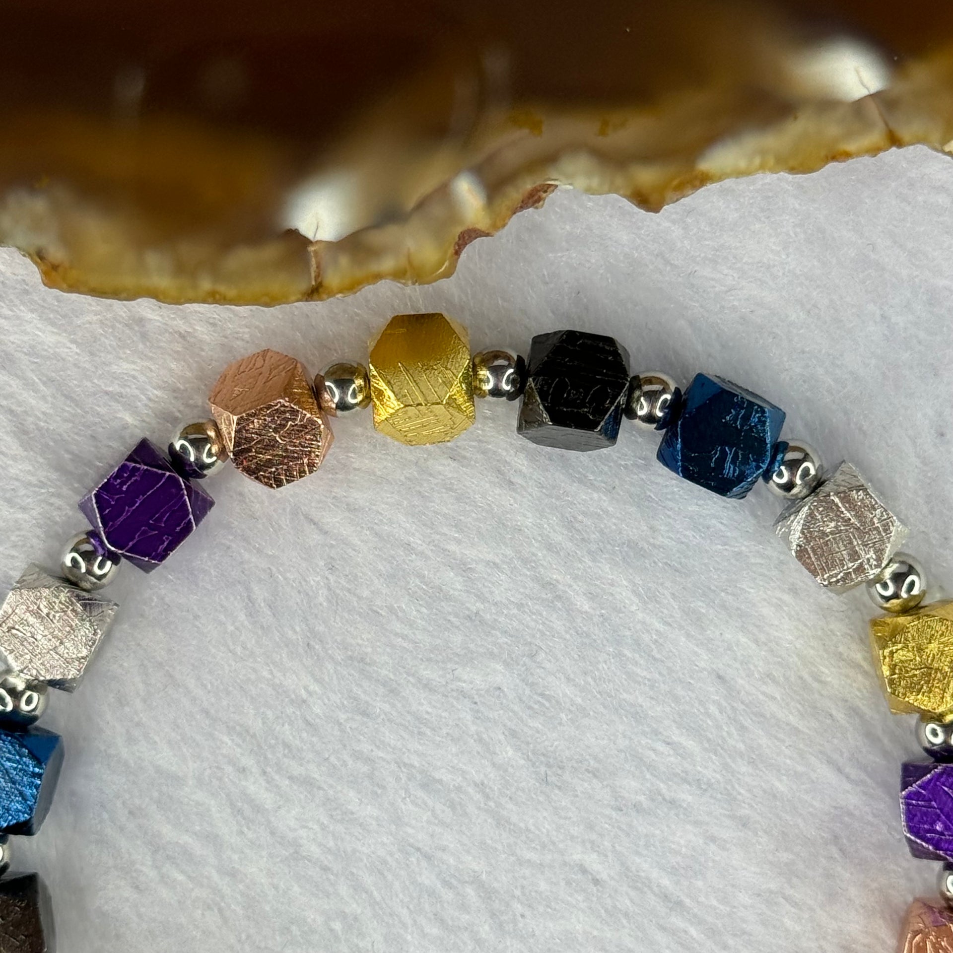 Natural Meteorite in Multi Color Blocks with Mini Stainless Steel Beads Bracelet 天然天铁手链 36.39g 16cm 6.4mm 19 pcs - Huangs Jadeite and Jewelry Pte Ltd