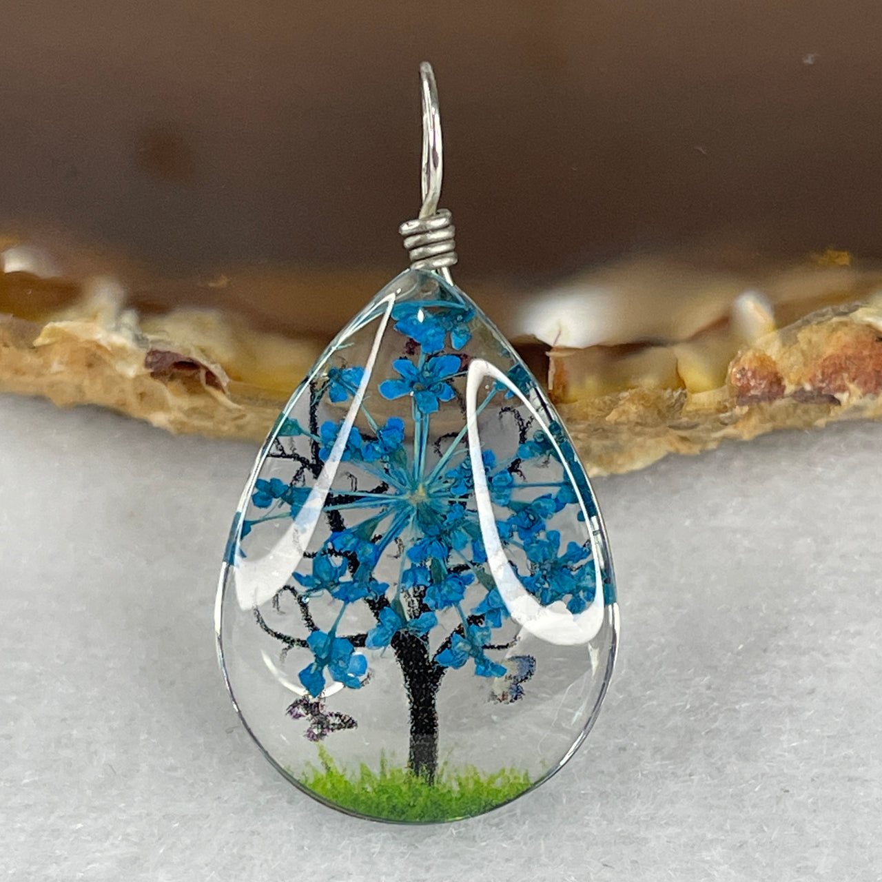 Man Made Bule with Brown Glass Tree Charm 5.11g 24.8 by 18.0 by 9.8mm - Huangs Jadeite and Jewelry Pte Ltd