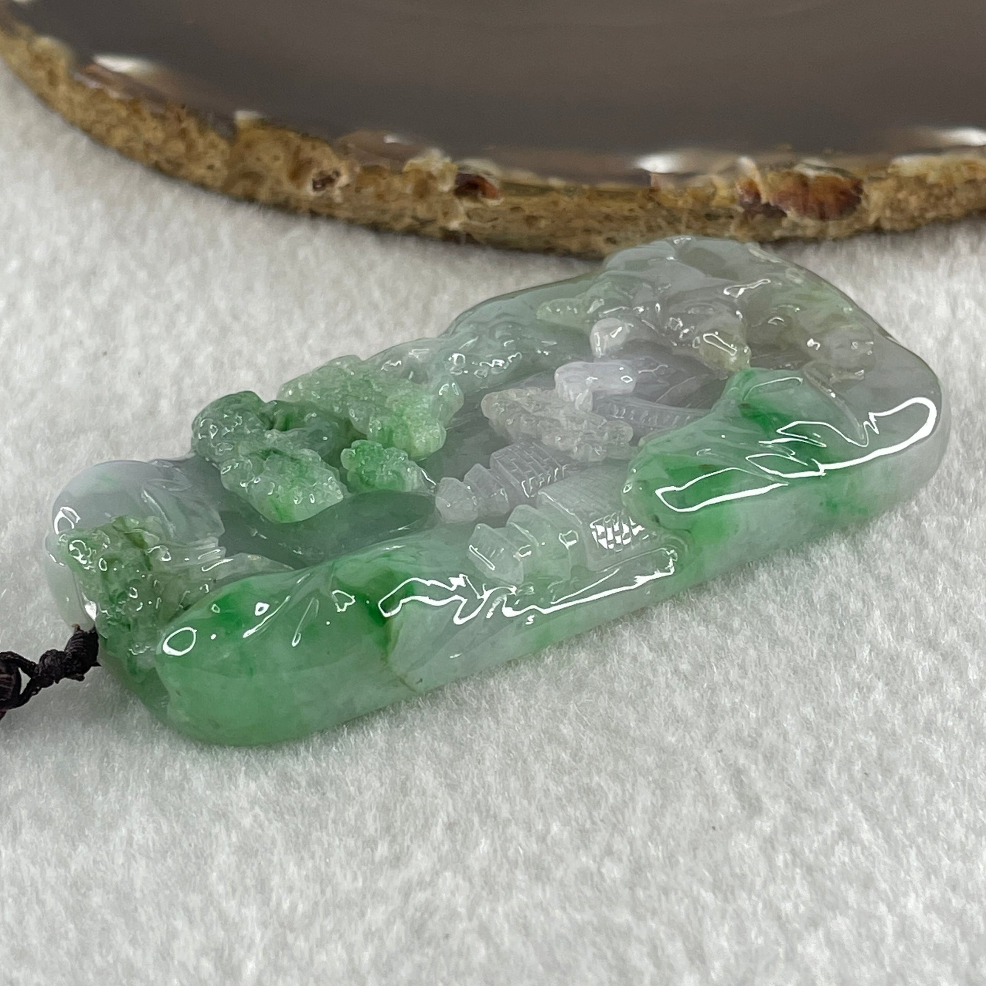 Type A Jelly Lavender and Spicy Green Piao Hua Jadeite Shan Shui and Benefactor 87.19g 79.4 by 40.7 by 11.7mm - Huangs Jadeite and Jewelry Pte Ltd