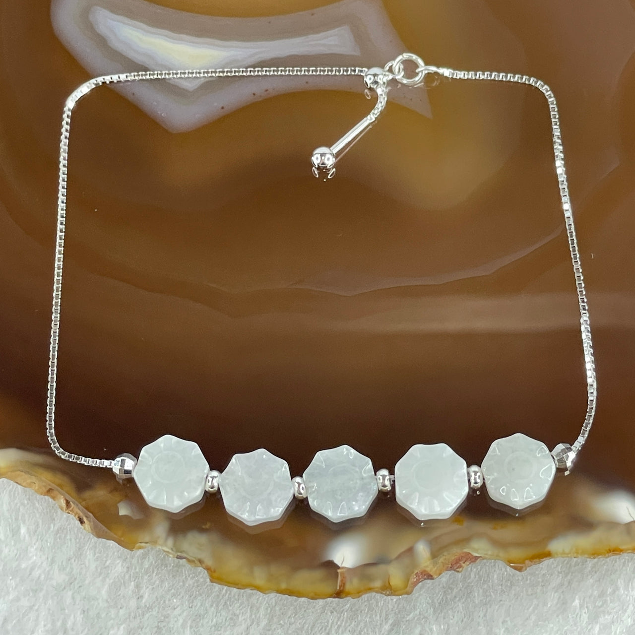 Type A Faint Green Jadeite 5 Flower in S925 Sliver Bracelet 4.10g 20cm 8.4 by 3.8mm