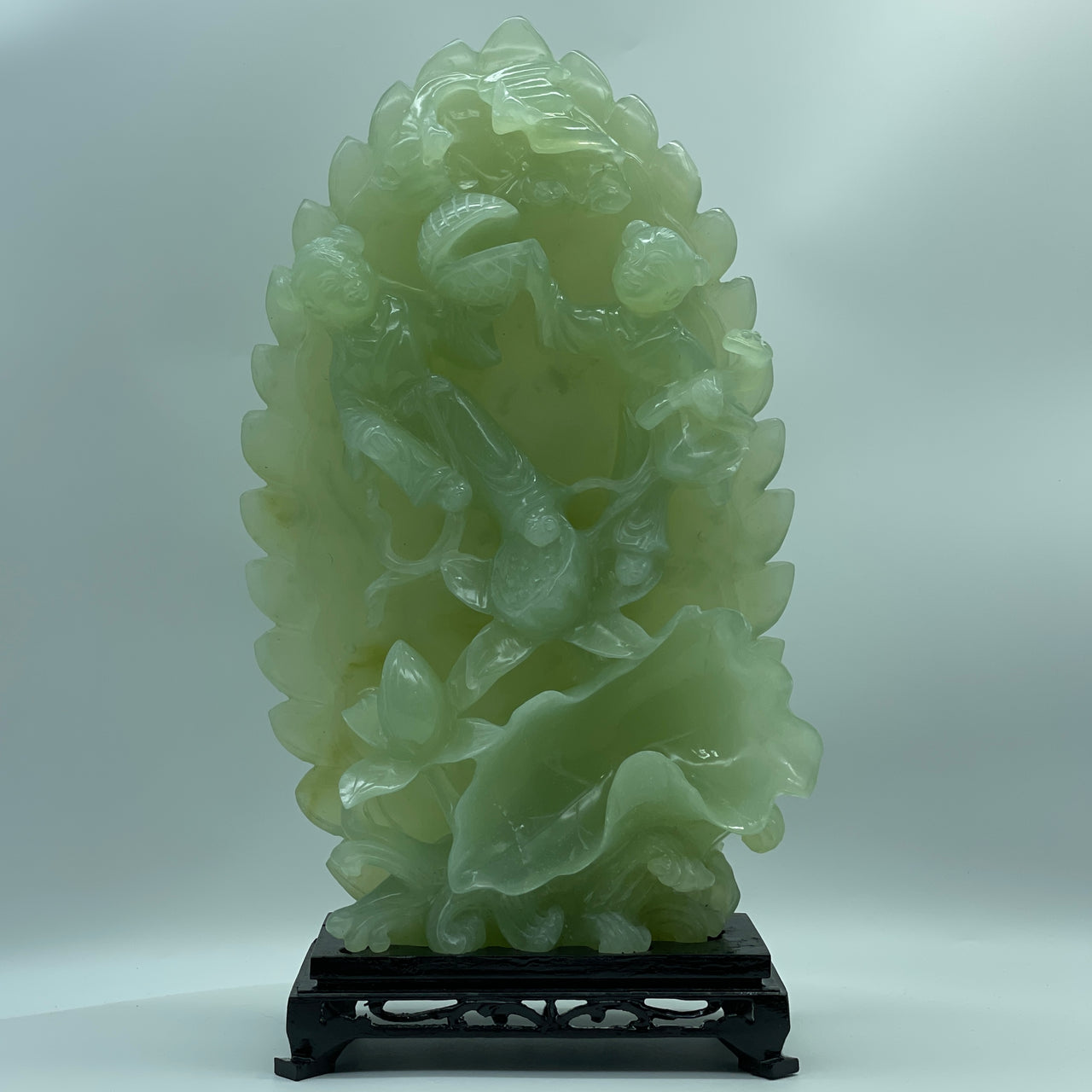 Natural Light Green Serpentine Jin Tong Yu Nu Jade Girl with Golden Boy with Lotus Flowers and Bats Display 3,461.2g 175.0 by 100.0 by 360.0mm