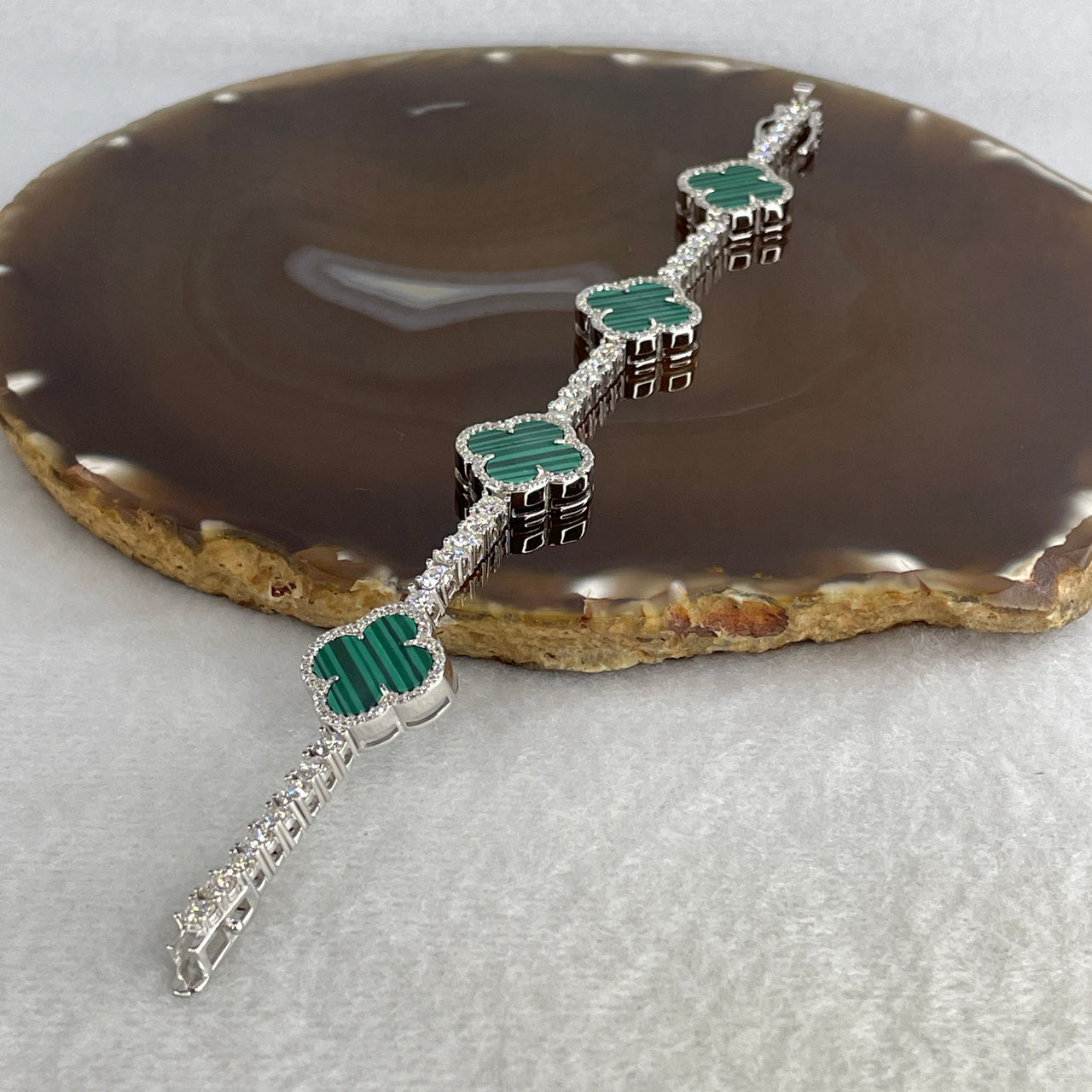 Dazzling Moissanite & Green Enamel Four-Leaf Clover Station Bracelet | Solid S925 Sterling Silver | 16cm Tailored Luxury Talisman Cuff (18.91g, 11.0x3.0mm Motifs)