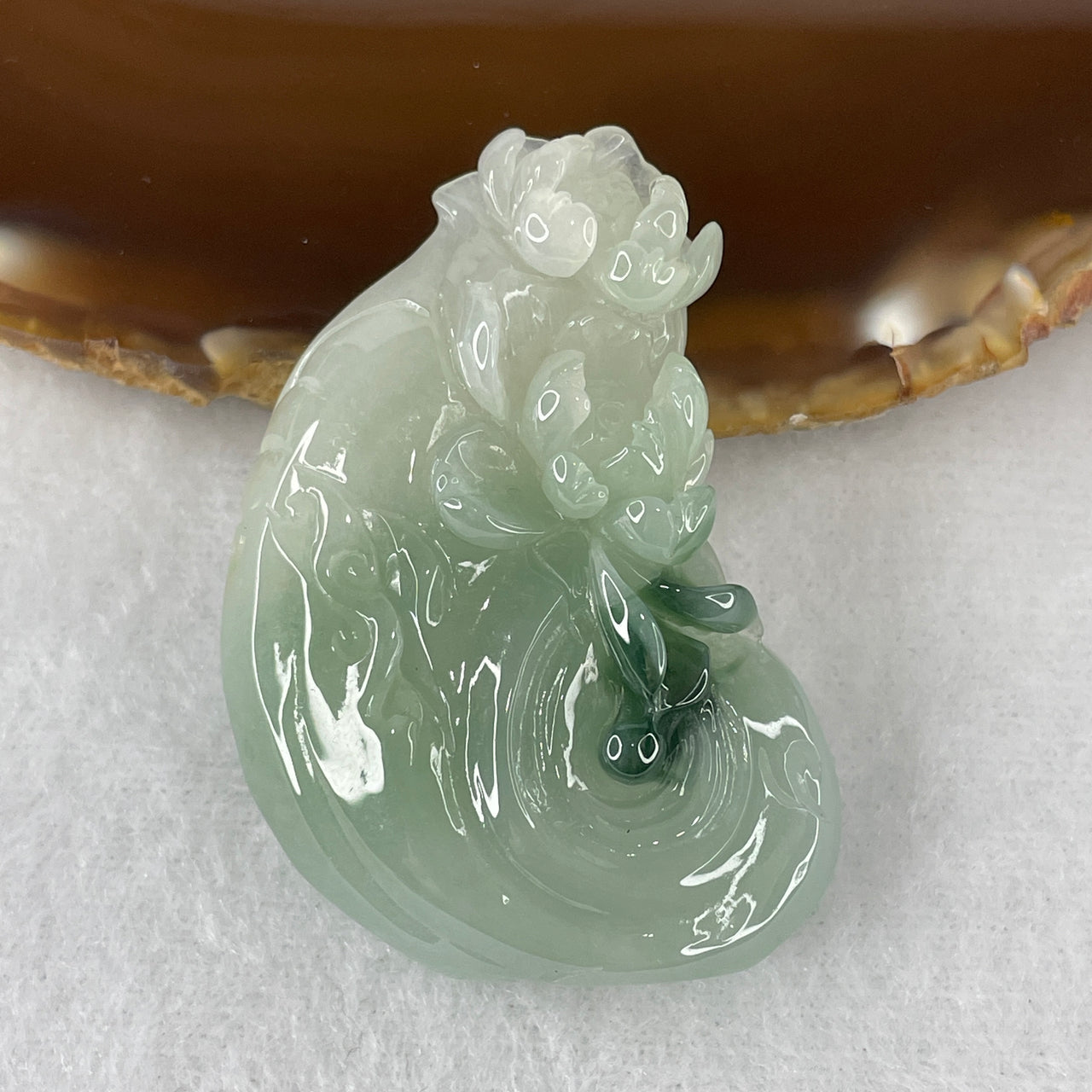Certified Natural Type A Green & Dark Green Piao Hua Jadeite Ruyi Lotus Flower Pendant | Masterpiece Deep Three-Dimensional Hand-Carving | Monumental Myanmar Feicui Absolute Purity & Abundance Monolith (38.16g | 50.7x33.9x12.9mm)
