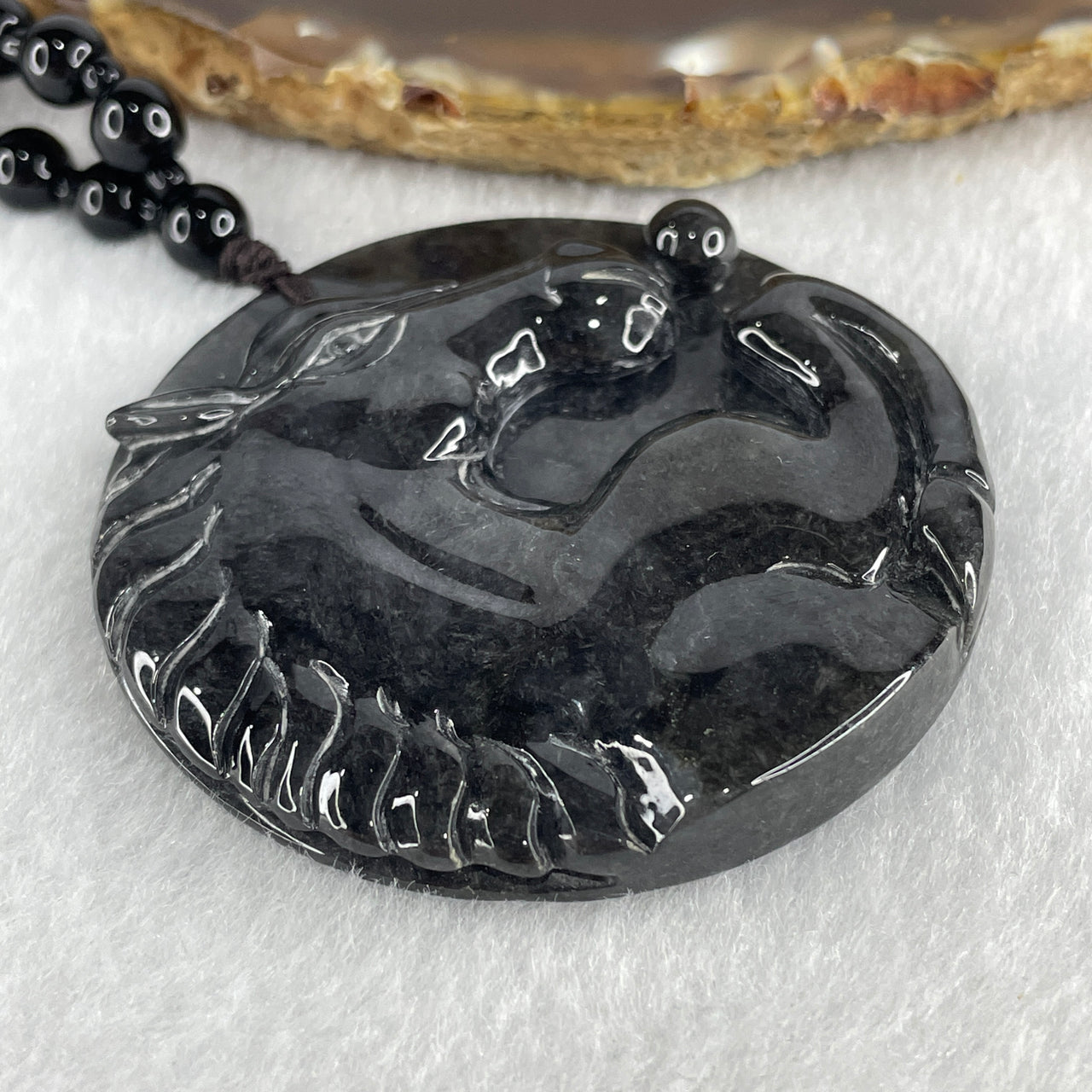 Natural Type A Translucent Wuji Grey Black Horse Pendant with Onyx and Green Agate Beads Necklace 38.92g 54.5 by 54.4 by 7.4mm