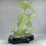Natural Green Serpentine 3 Magpies Birds on Tree with Wooden Stand Display 807.0g 175.0 by 120.0 by 200.0mm - Huangs Jadeite and Jewelry Pte Ltd
