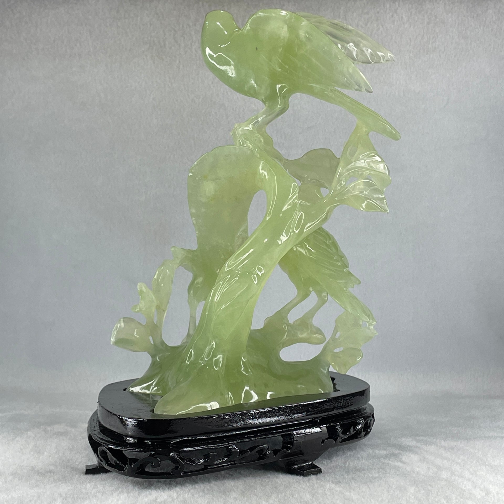 Natural Green Serpentine 3 Magpies Birds on Tree with Wooden Stand Display 807.0g 175.0 by 120.0 by 200.0mm - Huangs Jadeite and Jewelry Pte Ltd