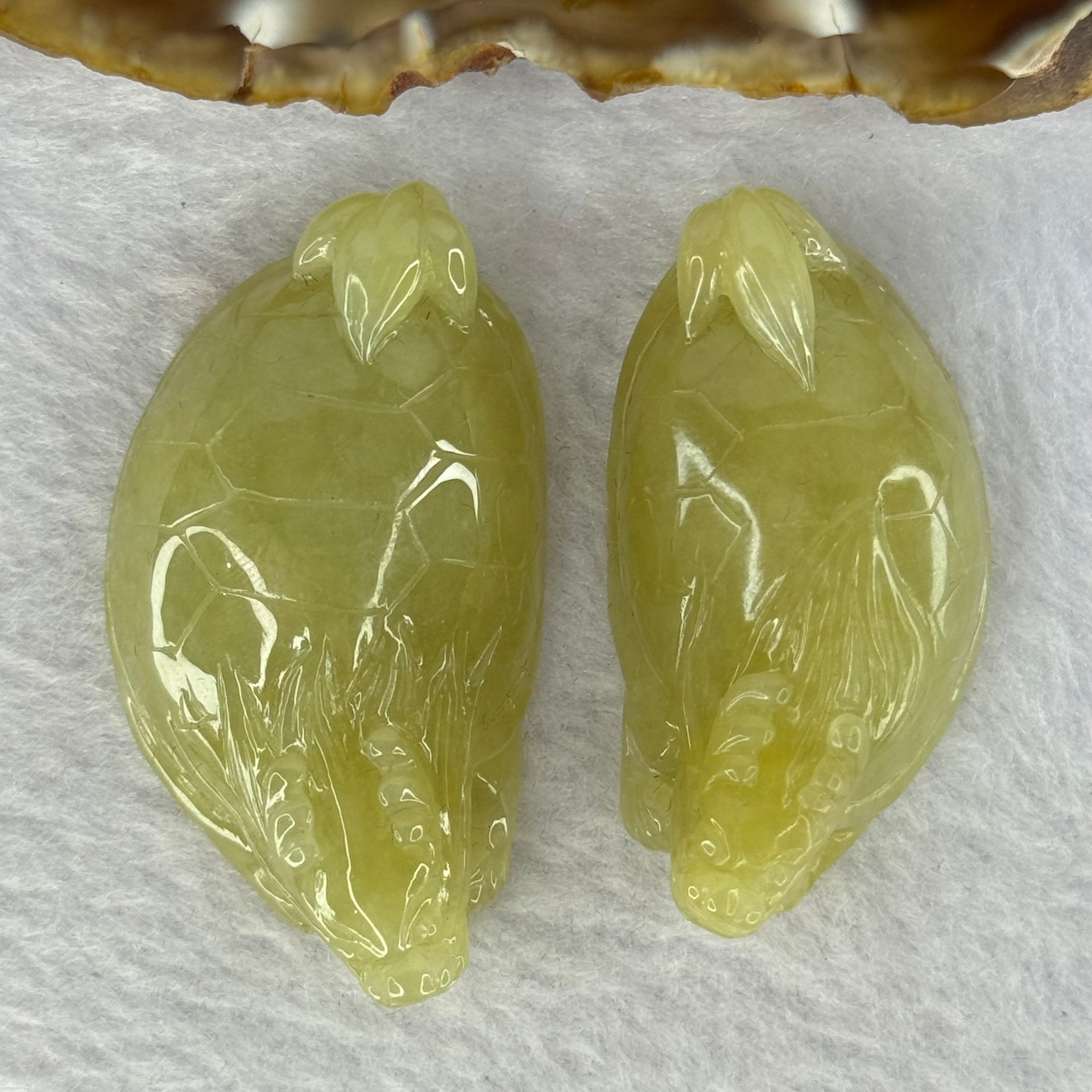 Grand Master Type A Yellow Jadeite Dragon Turtle Pair 54.05g 49.6 by 27.2 by 13.6mm - Huangs Jadeite and Jewelry Pte Ltd