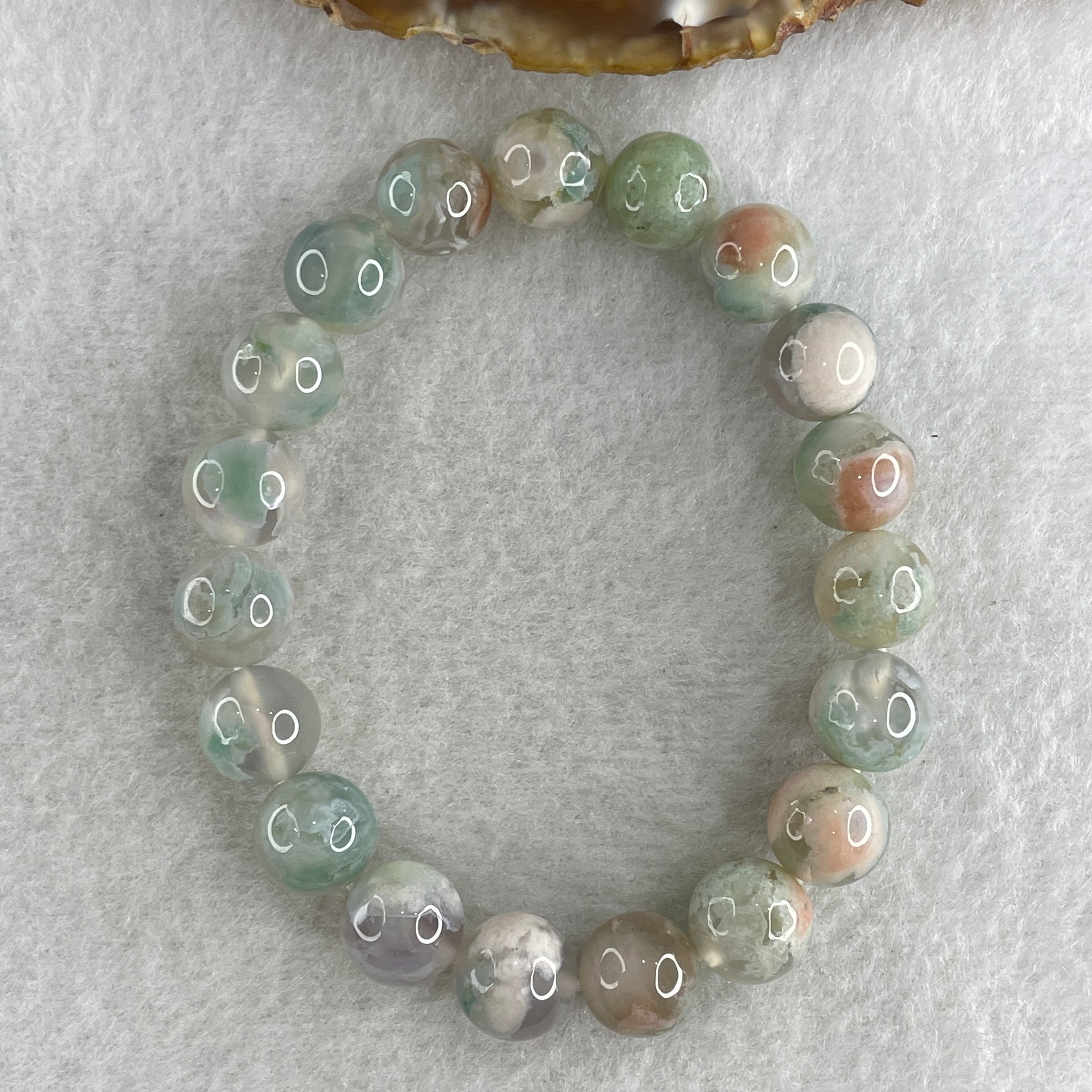 Natural Green with Pinkish Flower Agate Beads Bracelet 30.04g 16.5cm 10.8mm 19 Beads - Huangs Jadeite and Jewelry Pte Ltd
