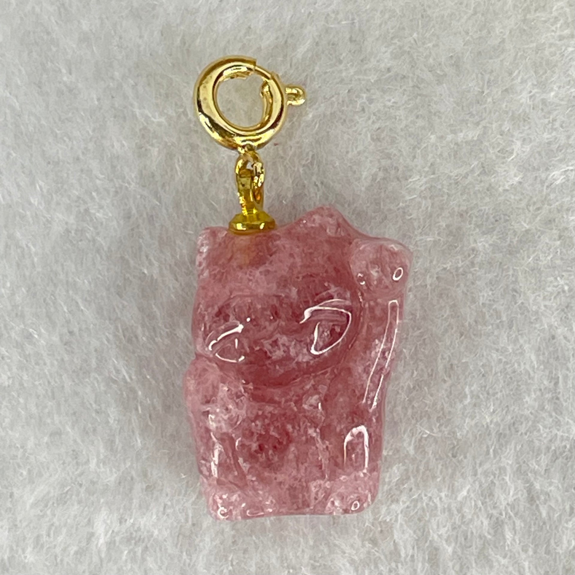 Natural Strawberry Quartz Fortune Cat Charm 3.76g 18.3 by 13.0 by 9.1mm - Huangs Jadeite and Jewelry Pte Ltd