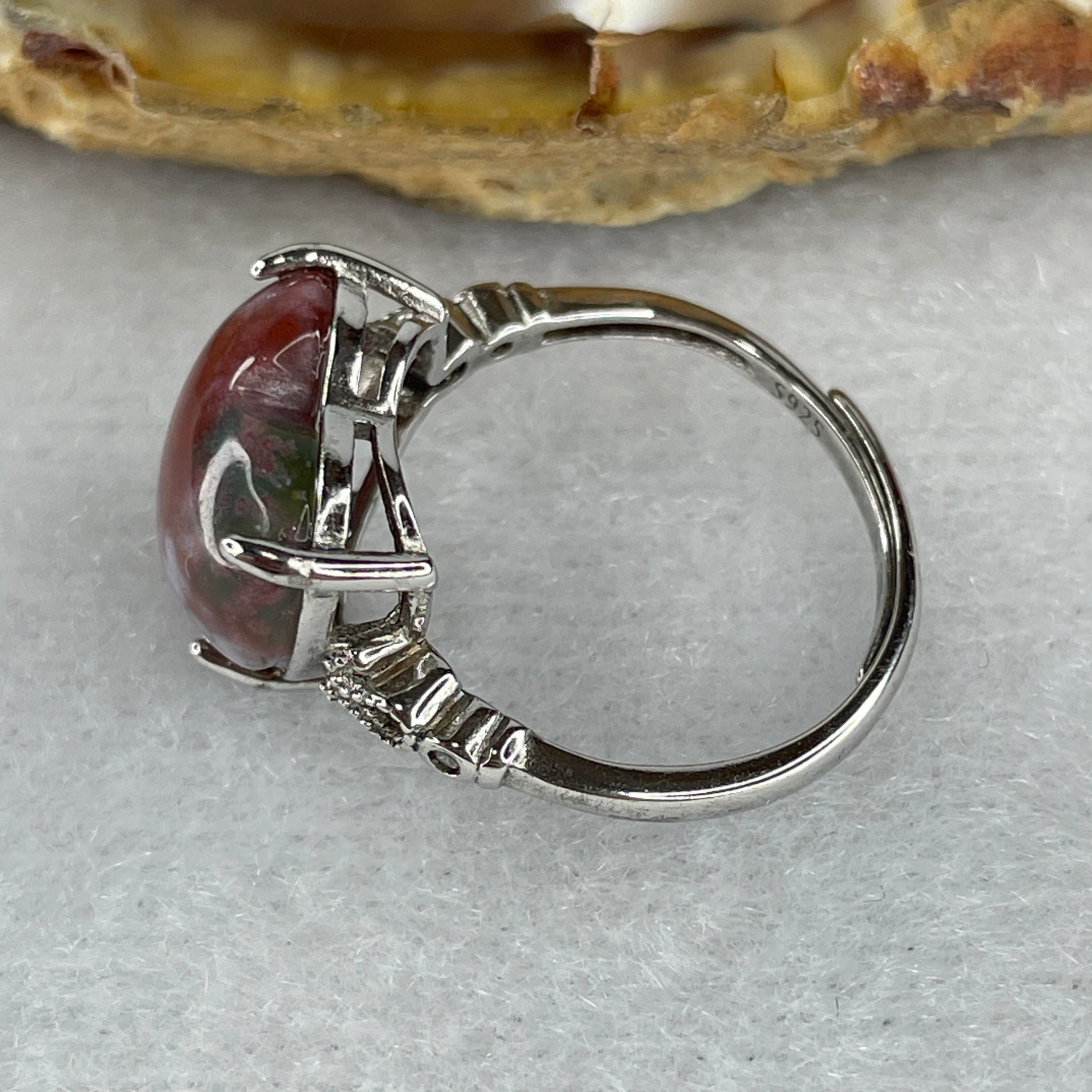 Natural Red Brecciated Jasper Heart Shape Ring in S925 Sliver 2.65g 12.4 by 12.7 by 5.5mm (Adjustable Size) - Huangs Jadeite and Jewelry Pte Ltd